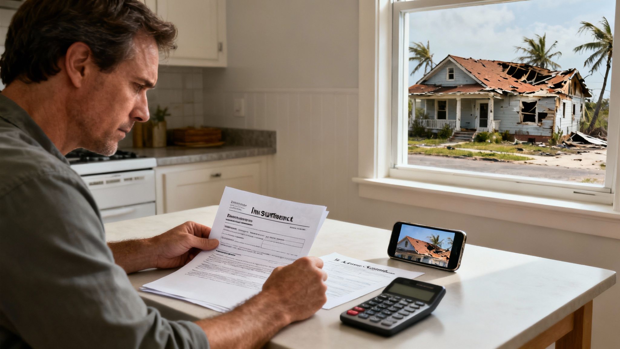 A man reviews insurance documents for a storm-damaged house, seen through the window and on his phone.