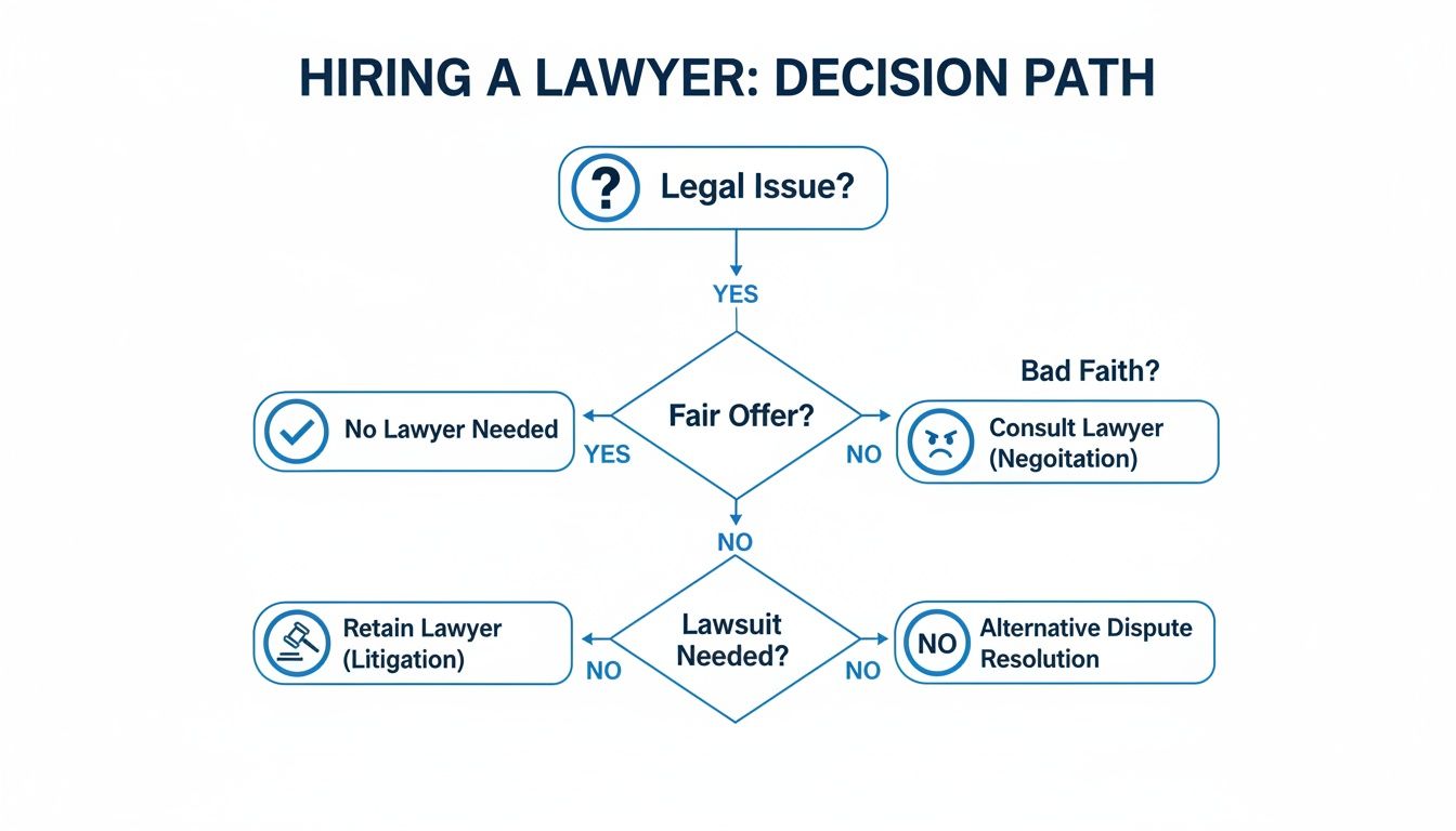 A flowchart detailing the decision path for hiring a lawyer for legal issues and disputes.