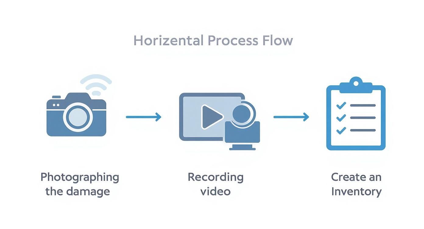 Infographic showing the process of documenting flood damage with icons for photography, video, and inventory, relevant to "flood damage cleanup near me".