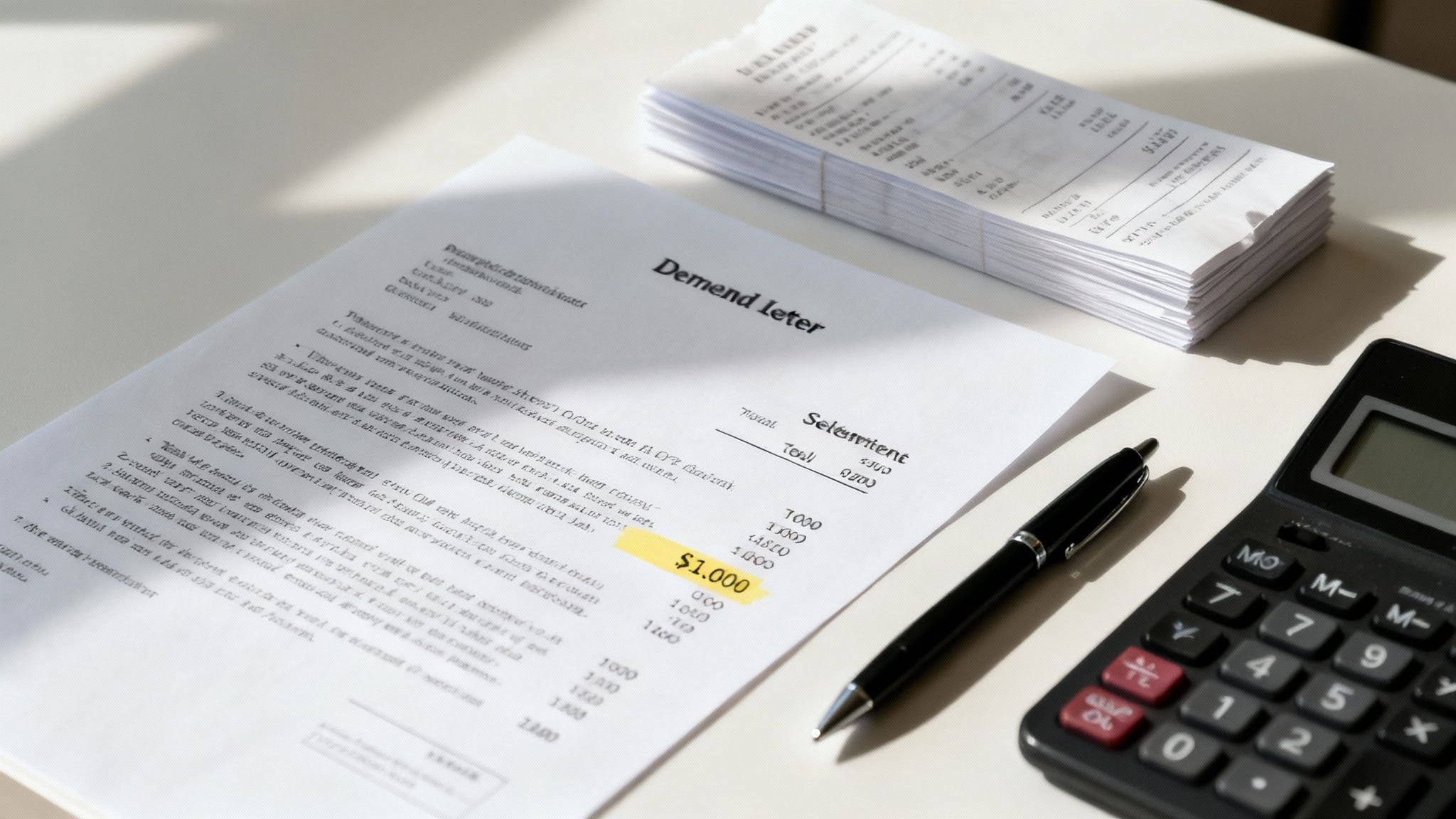 A person writing a formal demand letter at a desk with documents and a laptop. How to negotiate with insurance adjuster.