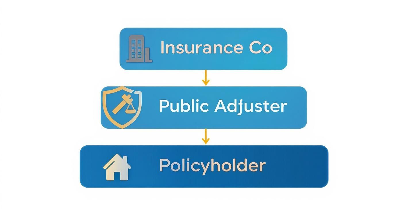 Hierarchical diagram showing Insurance Company, Public Adjuster, and Policyholder roles. A public adjuster is an advocate for the policyholder.