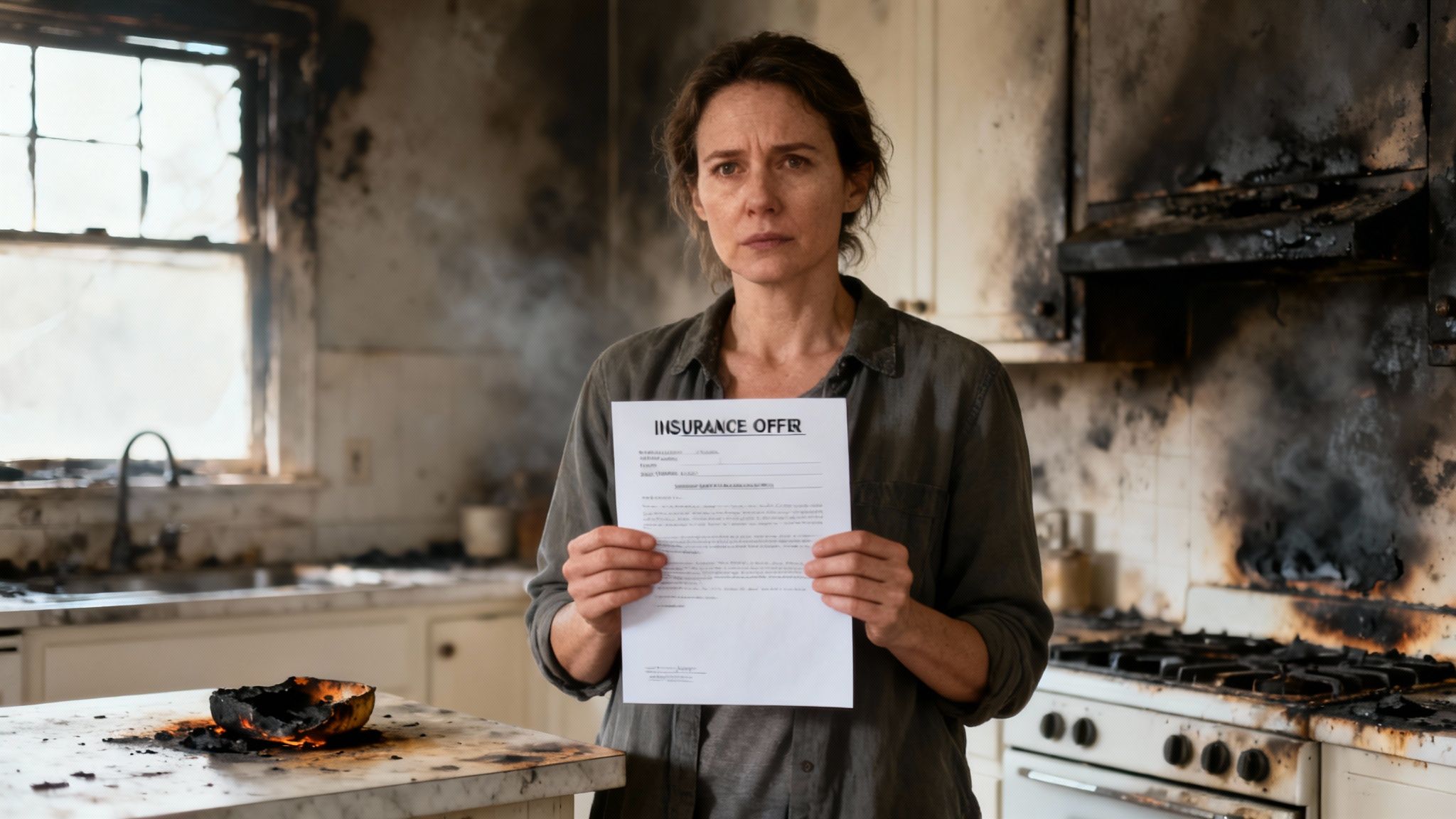 Woman holding insurance offer document standing in fire damaged kitchen with burned appliances