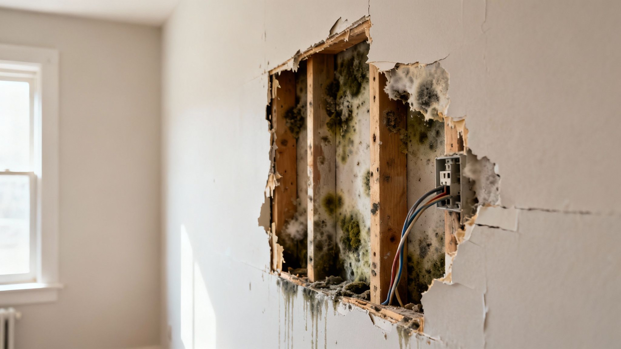 Severe mold growth and water damage on wall studs behind removed drywall with exposed electrical wiring.