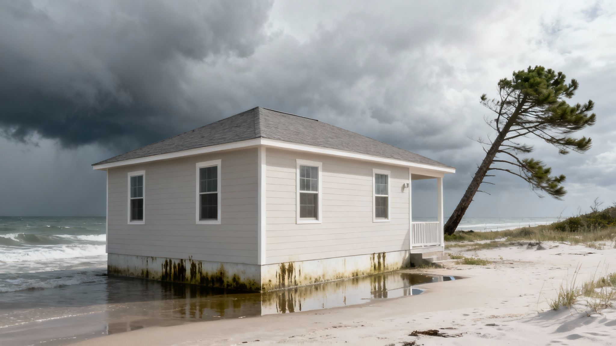 A house on a sandy beach with ocean waves at its foundation under a dark, stormy sky.