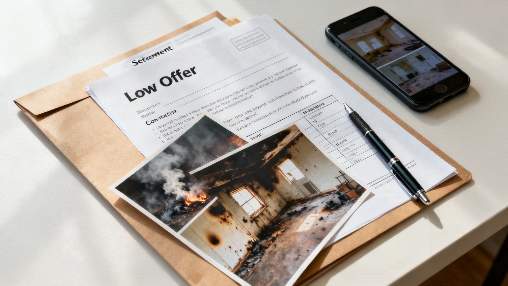 A public adjuster reviewing a complex smoke damage insurance claim.