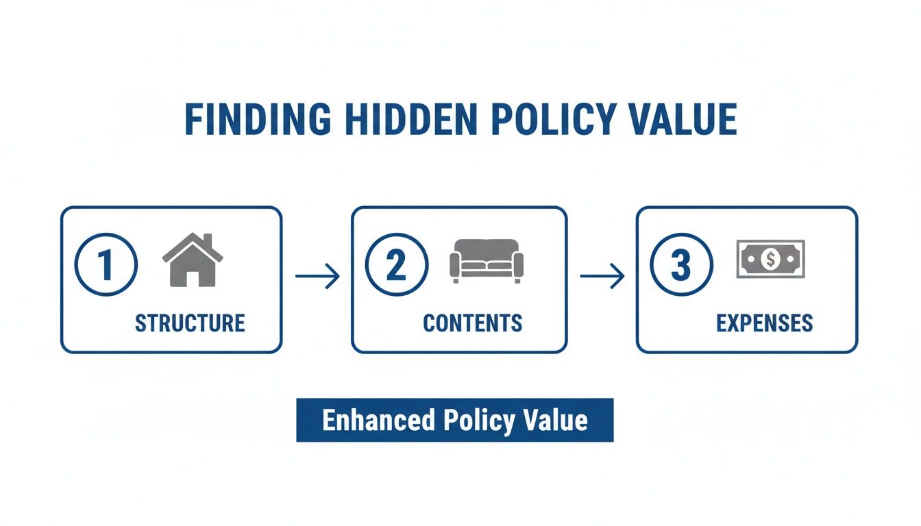 A flowchart demonstrating how to find hidden policy value by assessing structure, contents, and expenses.