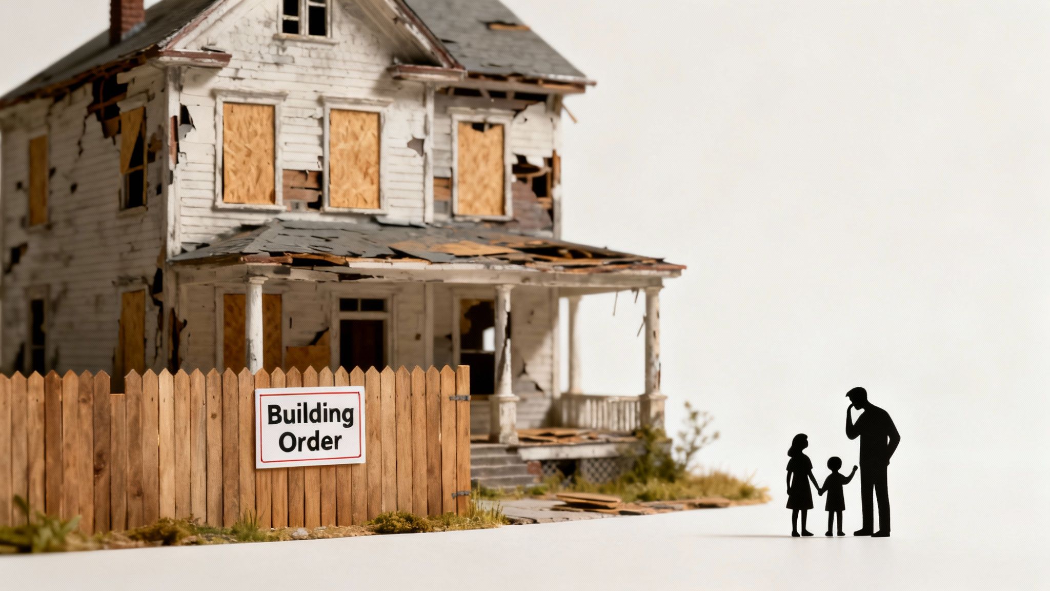 Silhouettes of a family look at a dilapidated house with a 'Building Order' sign on a fence.