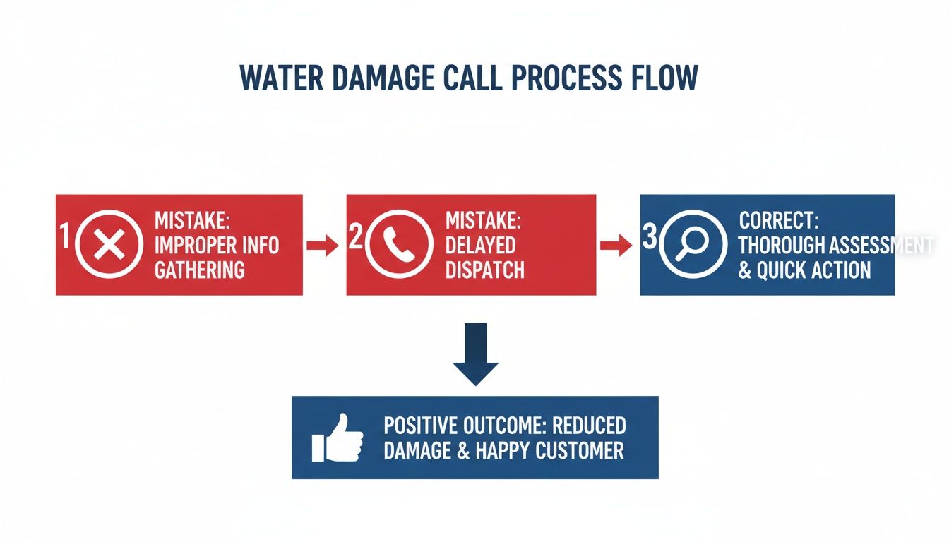 Flowchart illustrating the water damage call process, highlighting mistakes and the correct approach for a positive outcome of Water Damage Restoration Service Near Me.