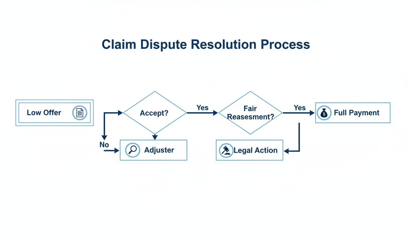 Flowchart illustrating the claim dispute resolution process, from low offer to full payment or legal action.