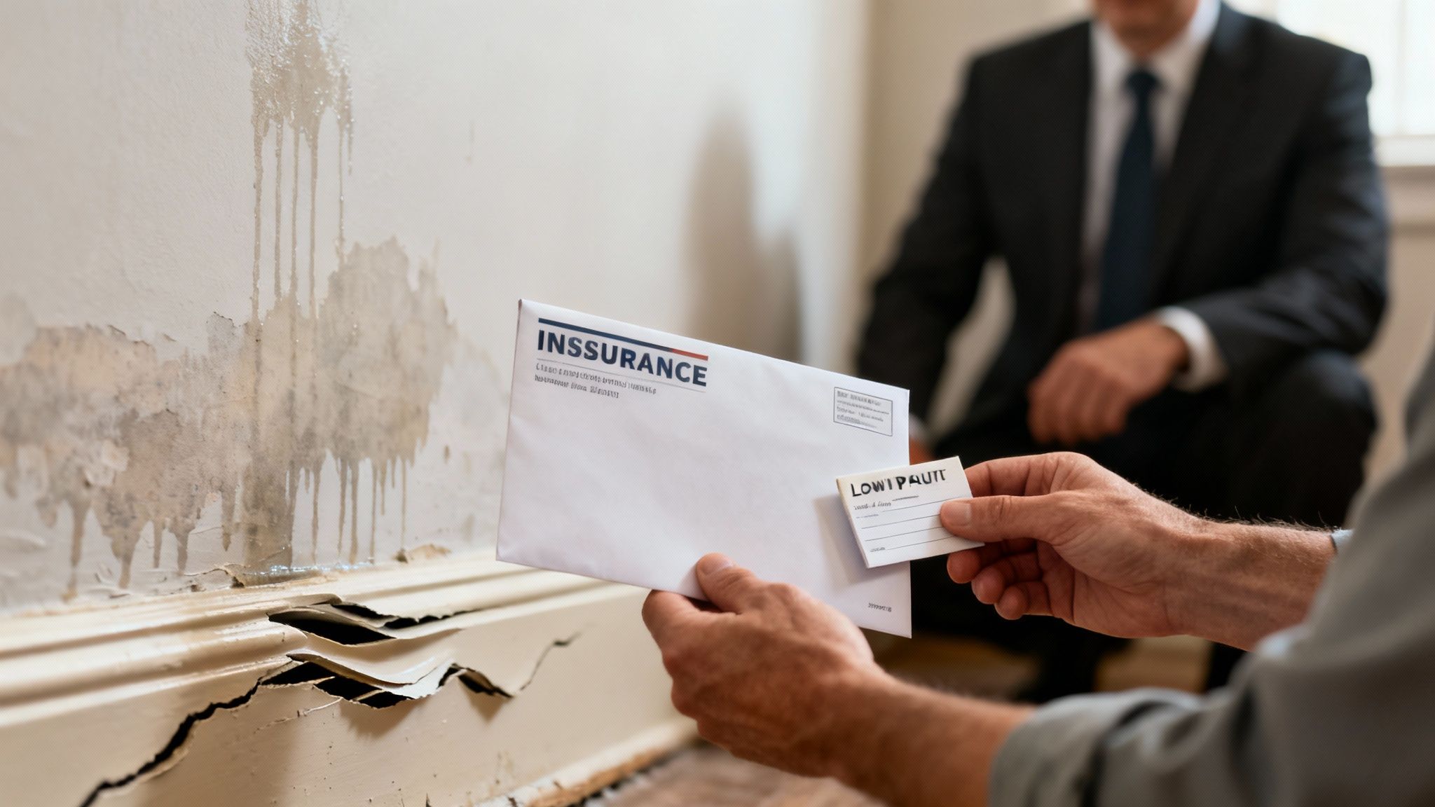 Hands hold an insurance envelope and card in front of a wall with severe water damage and peeling paint, with an agent in the background.