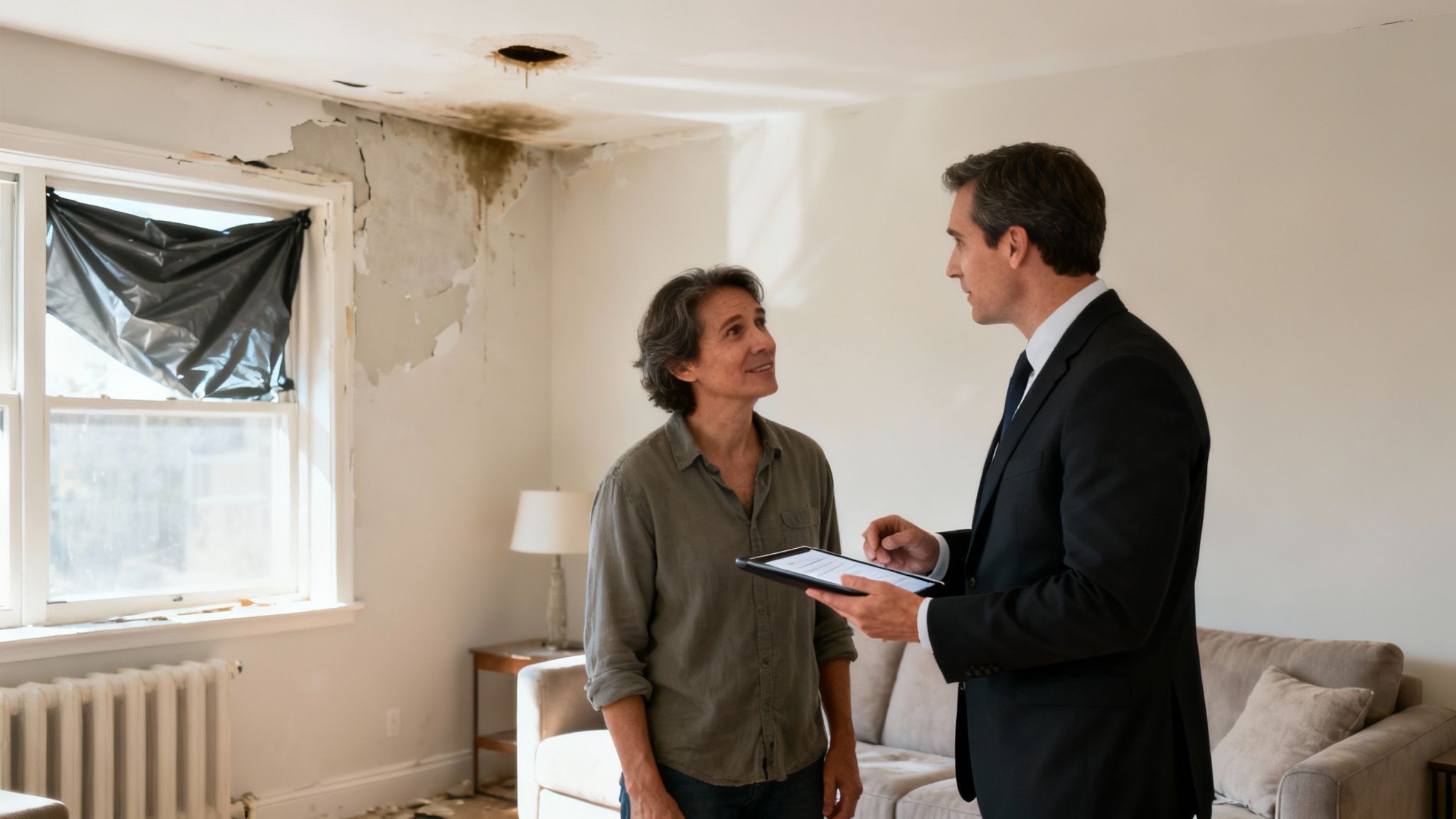 An insurance adjuster discusses severe water damage with a homeowner in a distressed living room.