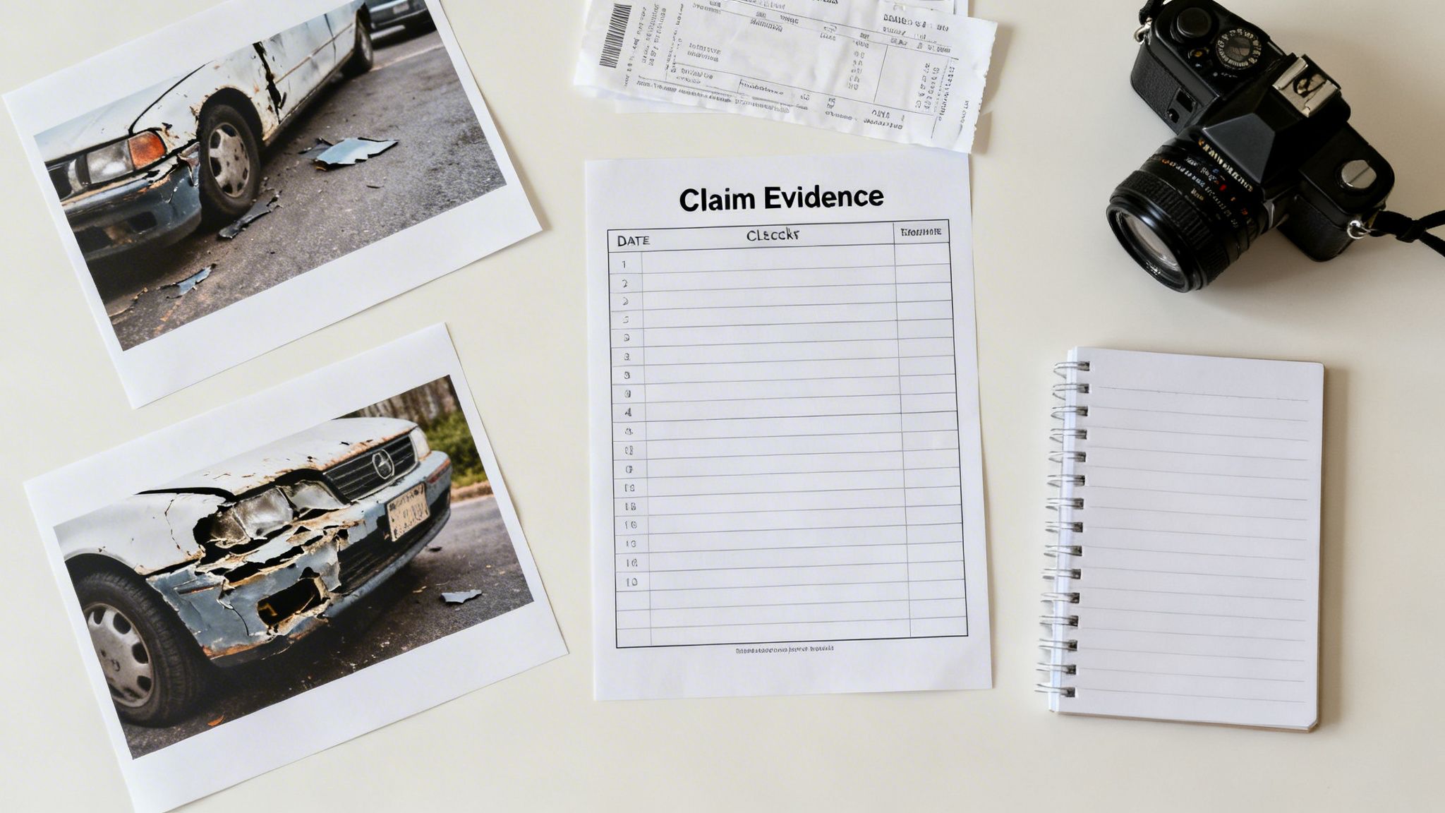 Table flat lay with car crash photos, a claim evidence form, receipts, camera, and notebook.