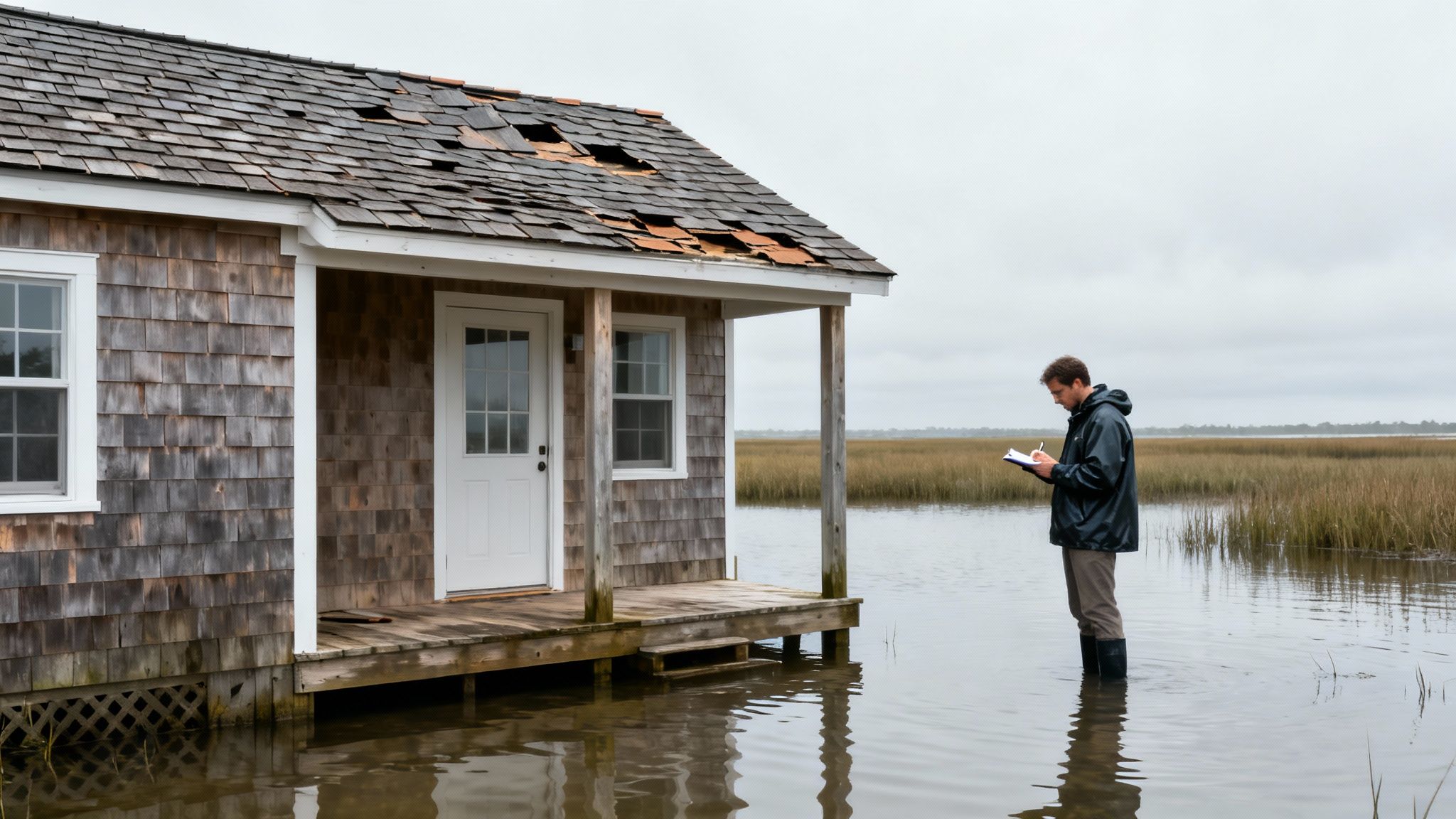 A public adjuster examines a water-damaged wooden house with a broken roof near a marsh.