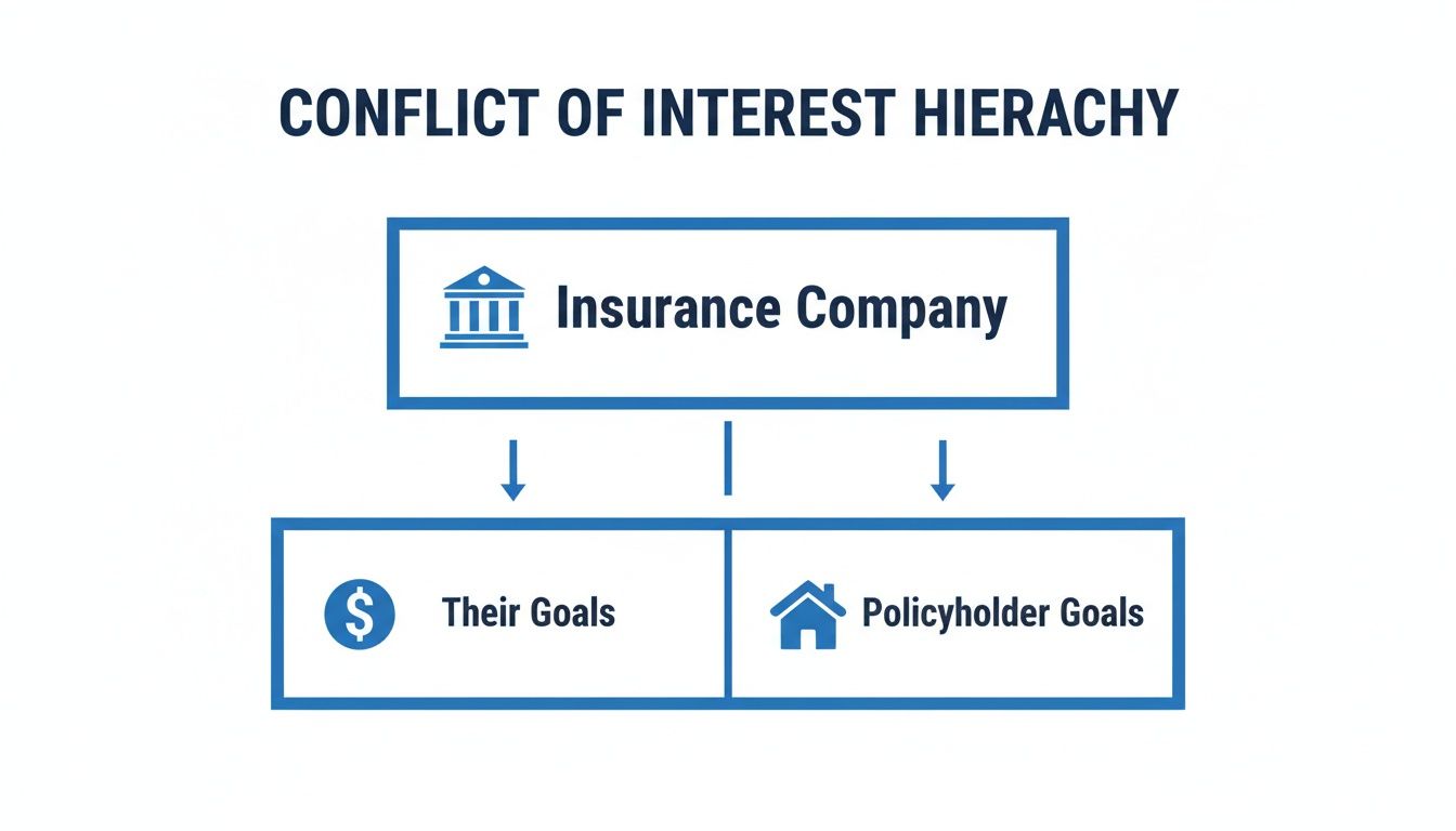 A hierarchy diagram illustrating the conflict of interest between an insurance company's goals and policyholder goals when considering a public claims adjuster near me NC.