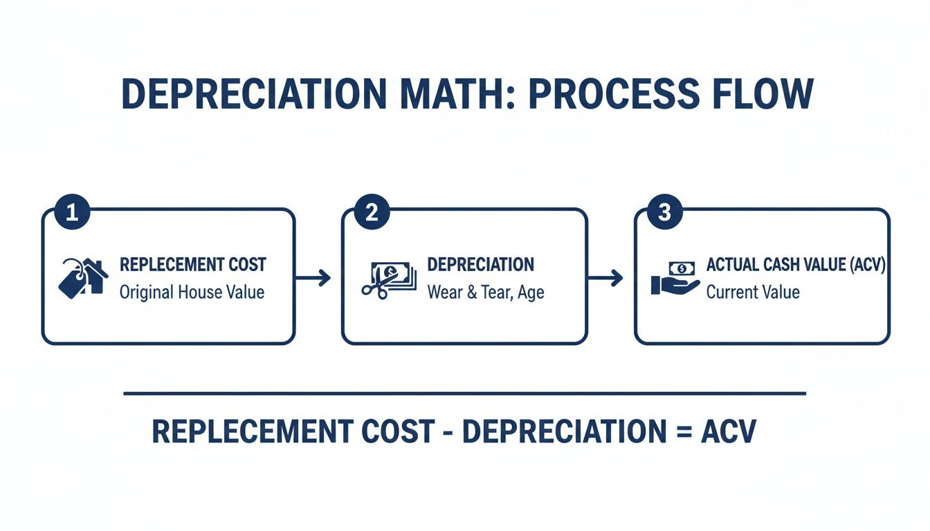 A diagram illustrating the depreciation math process: Replacement Cost minus Depreciation equals Actual Cash Value.