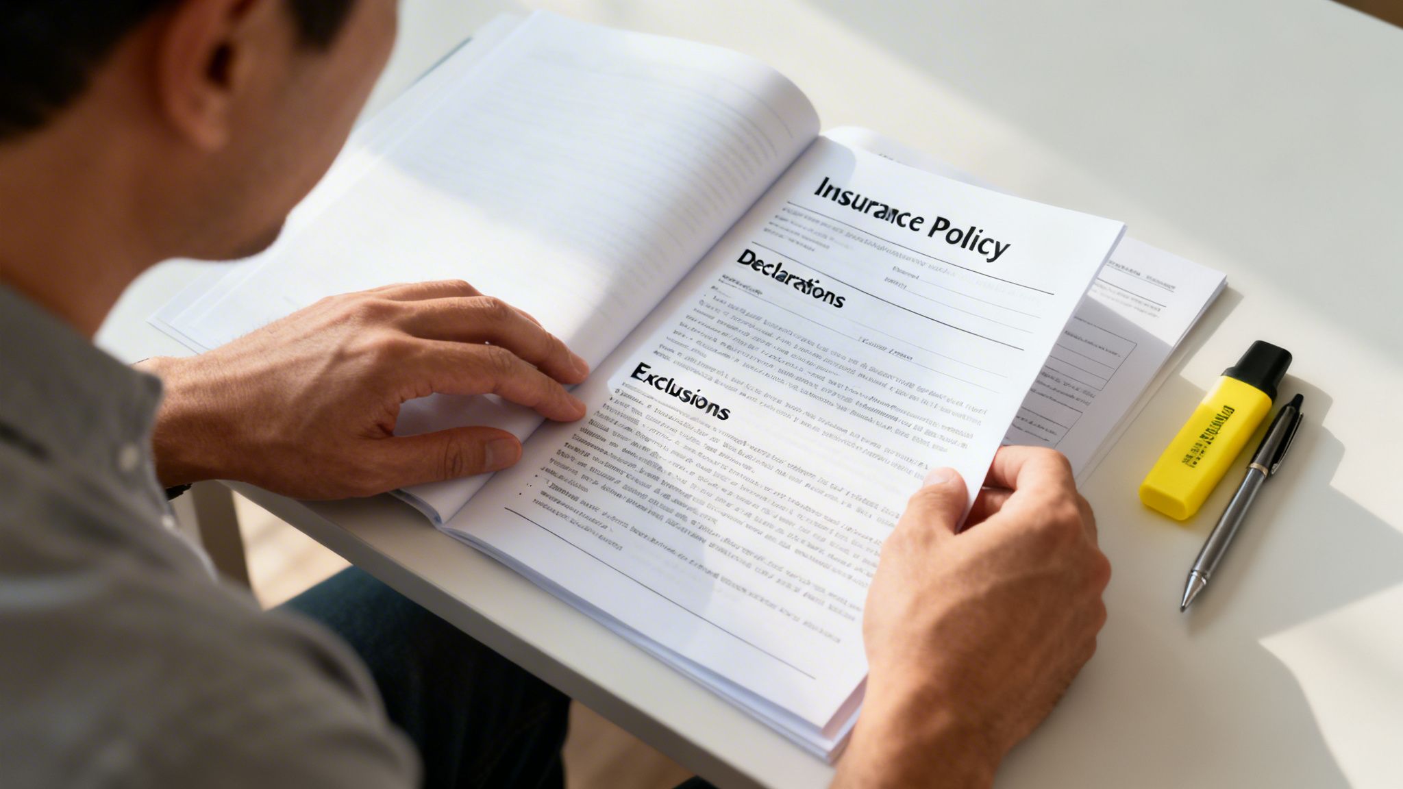 Person studying an insurance policy document with 'Declarations' and 'Exclusions' visible, alongside a highlighter.