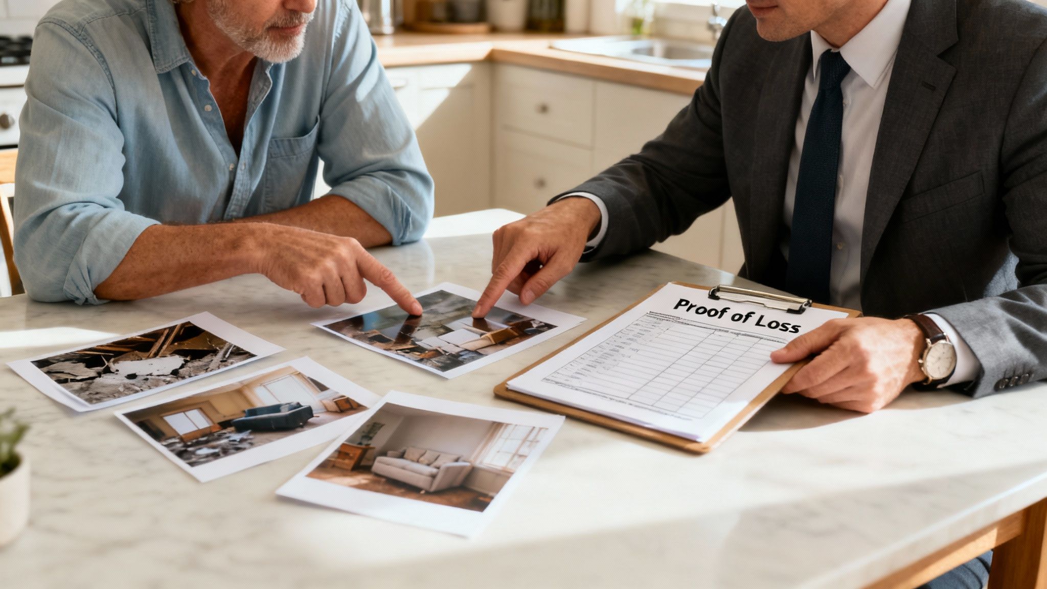 A homeowner and an insurance adjuster sitting at a table, reviewing documents together.