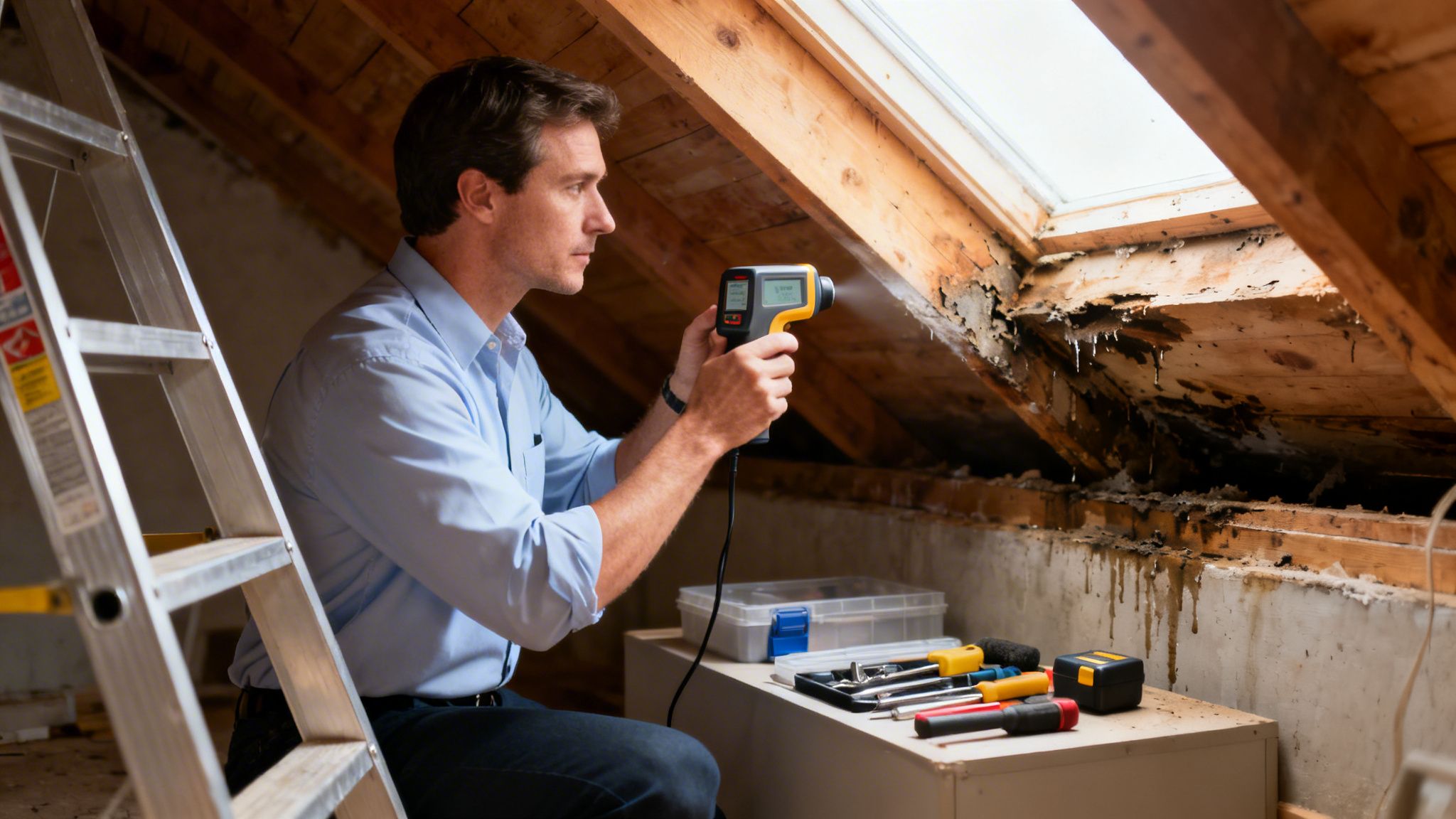 A claims adjuster inspecting severe water damage and mold around a skylight in an attic with a moisture meter.