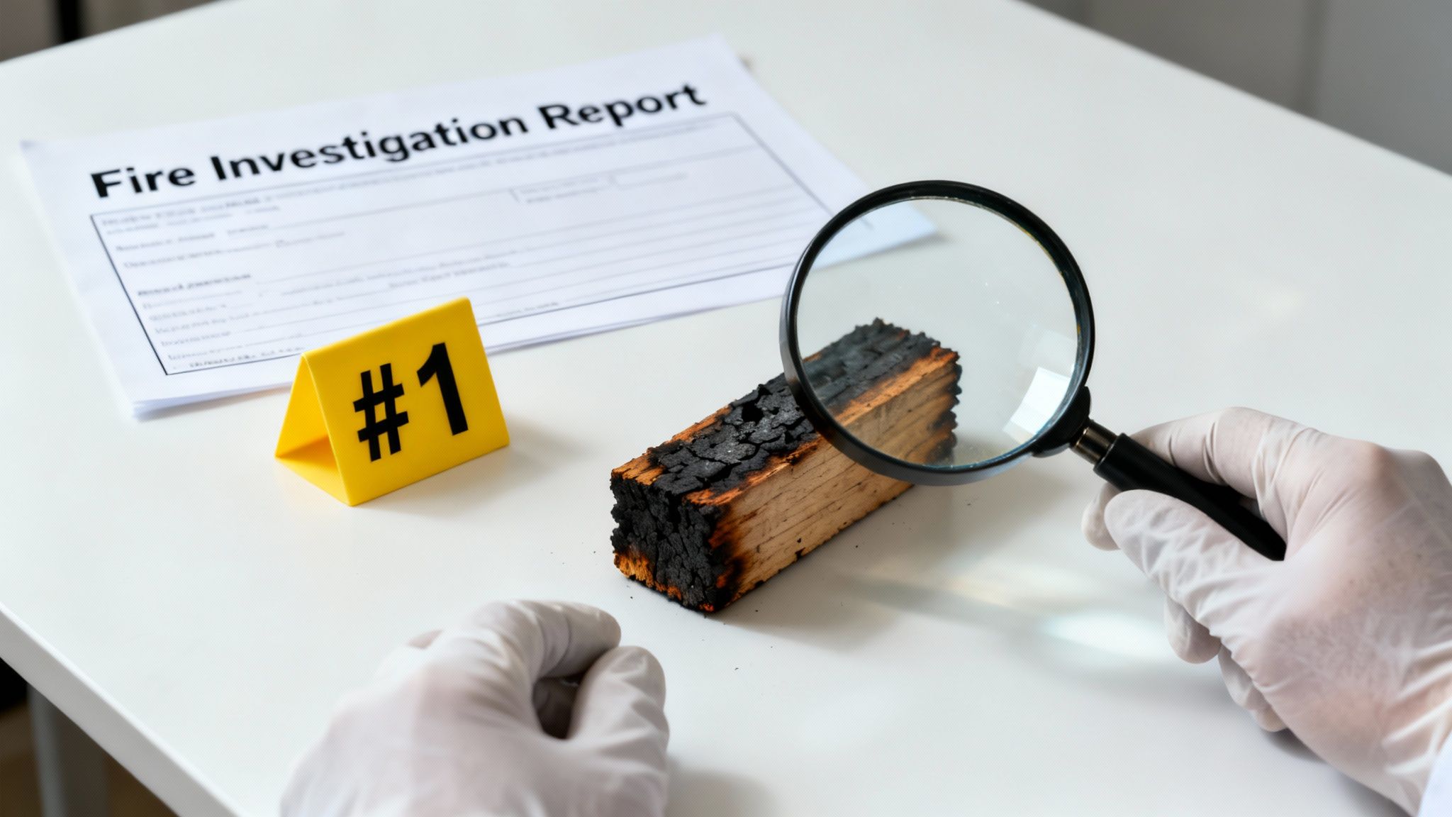 A fire investigator examines a piece of burnt wood with a magnifying glass, next to a report and evidence marker #1.