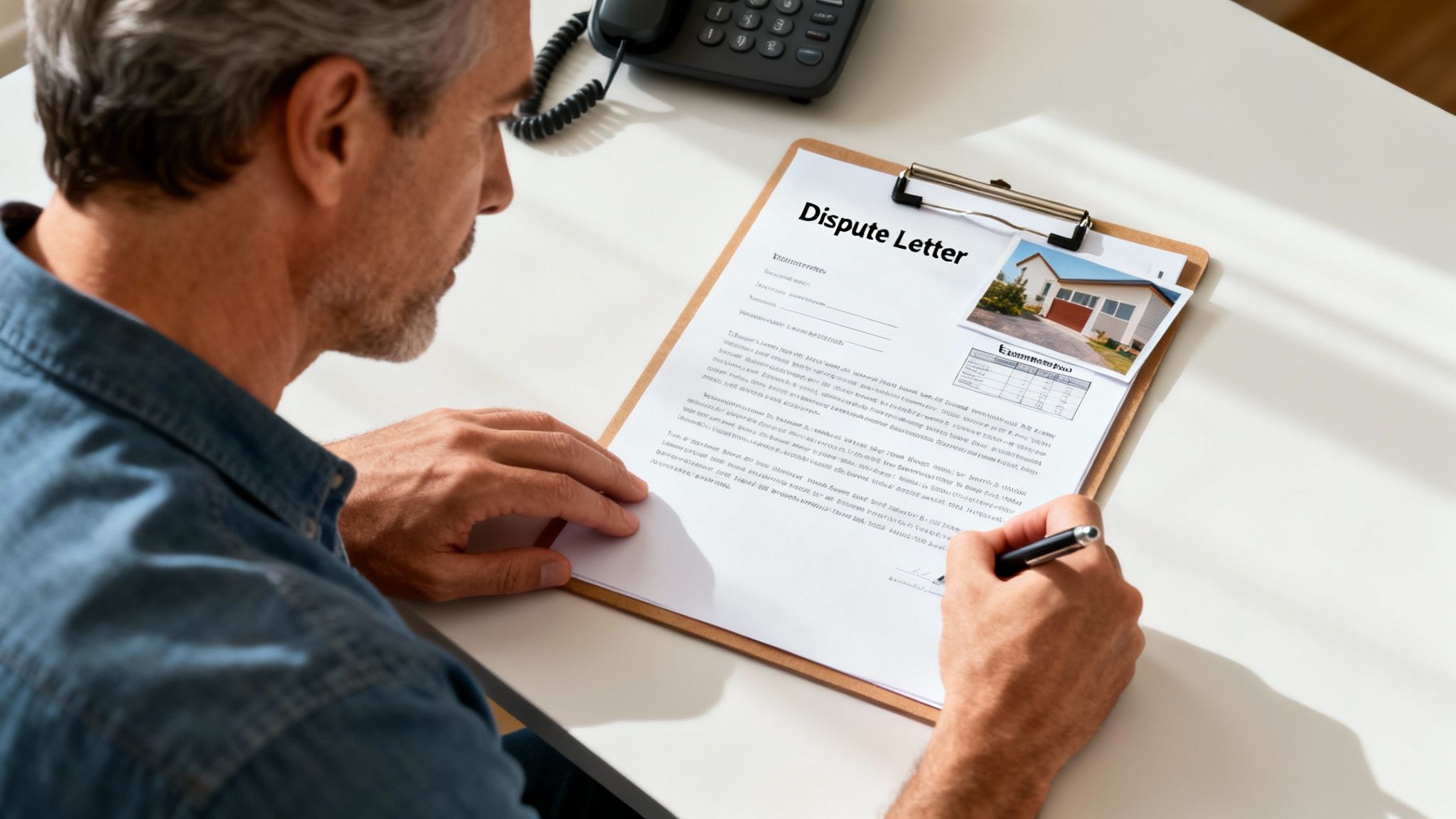 Man signing a dispute letter regarding a house, possibly an insurance claim.