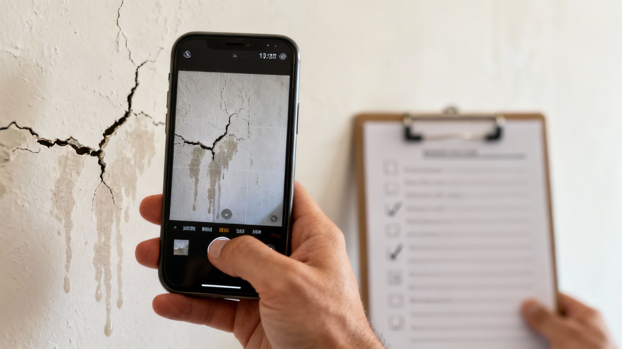 A person reviewing insurance documents while inspecting a water damage claim.