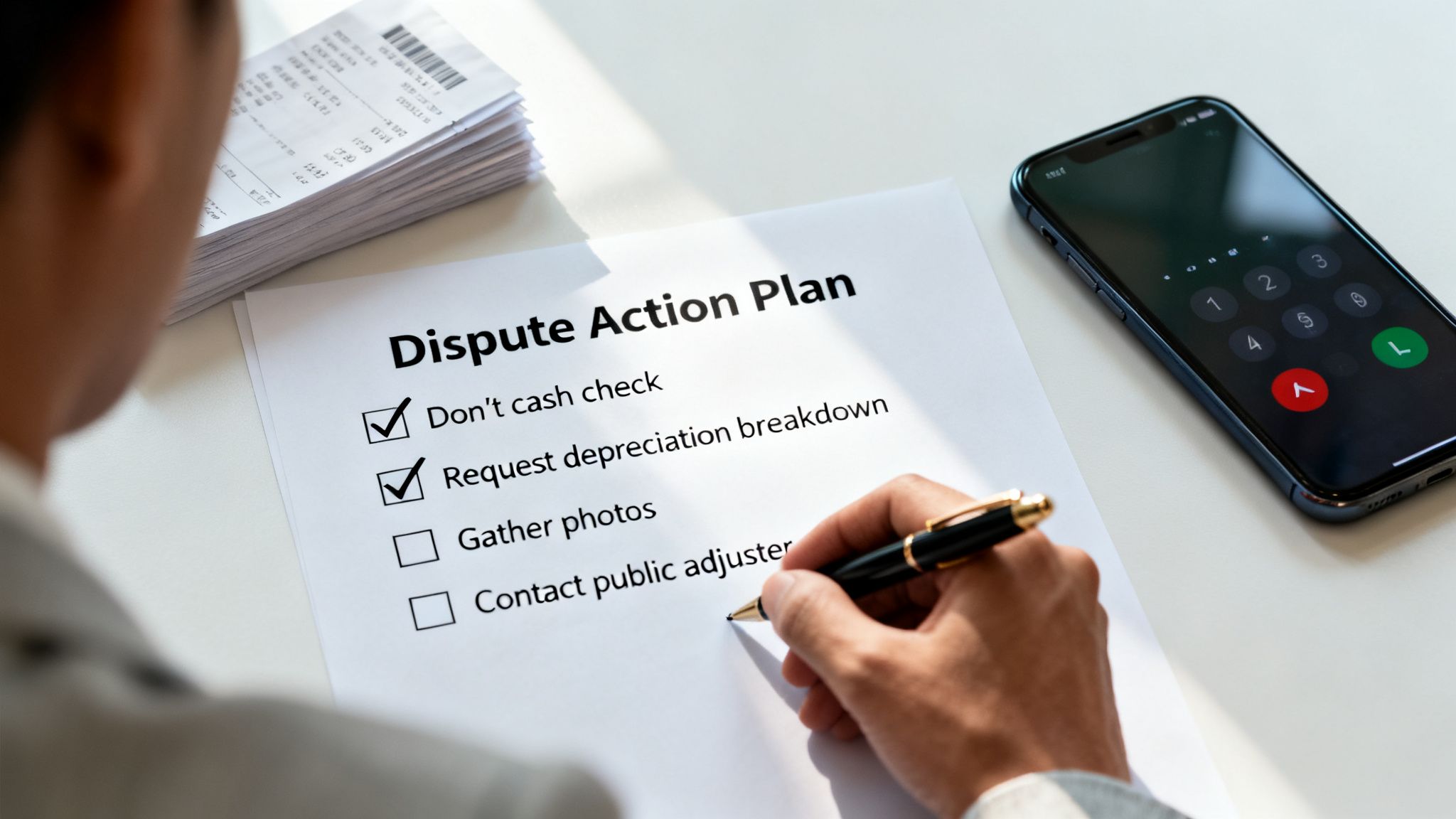 A person fills out a "Dispute Action Plan" document, checking items like "Don't cash check".