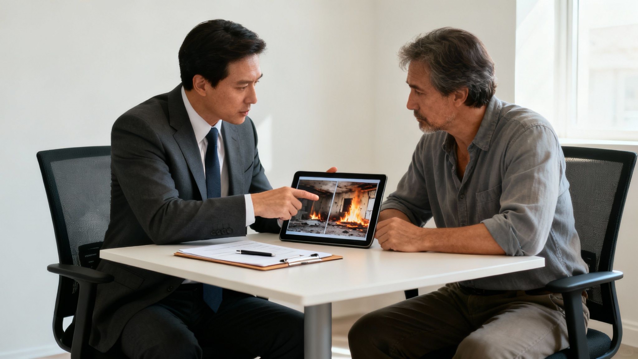 Insurance adjuster discussing fire damage claim with homeowner using tablet showing property damage photos