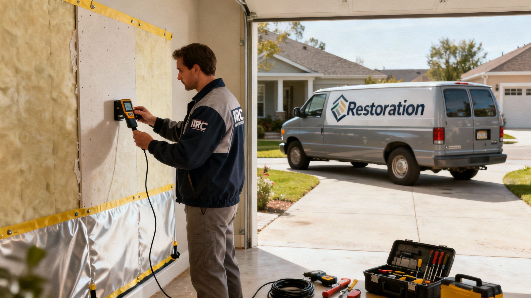 A technician uses a moisture meter on a wall with exposed insulation inside a garage, next to a restoration service van.