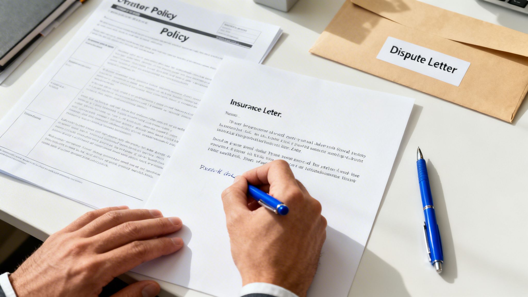 A hand signing an "Insurance Letter" with a blue pen on a desk, next to a "Dispute Letter" envelope and "Contractor Policy."