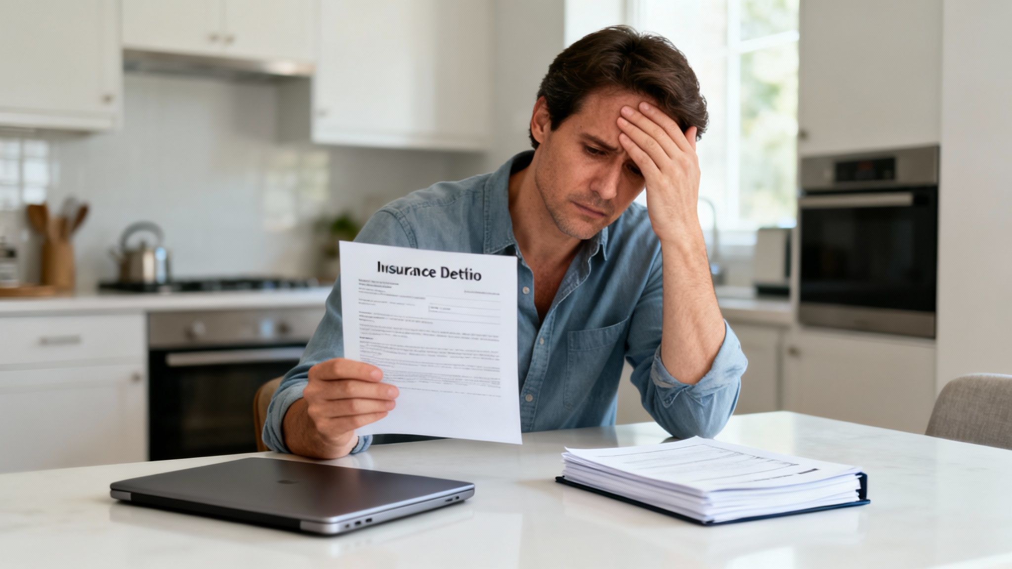 A worried man reviews insurance documents in his kitchen, indicating financial stress or burden.