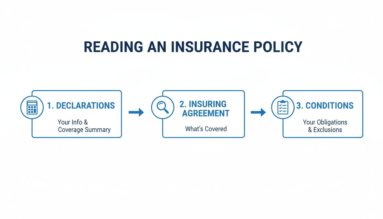 Diagram illustrating three essential steps for reading an insurance policy: declarations, insuring agreement, and conditions.