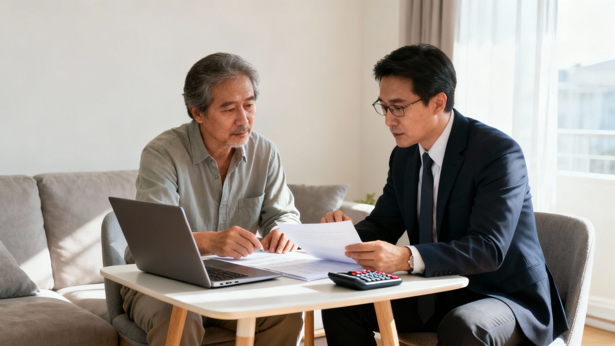 Two Asian men, one an agent, discuss insurance documents and a laptop in a living room.