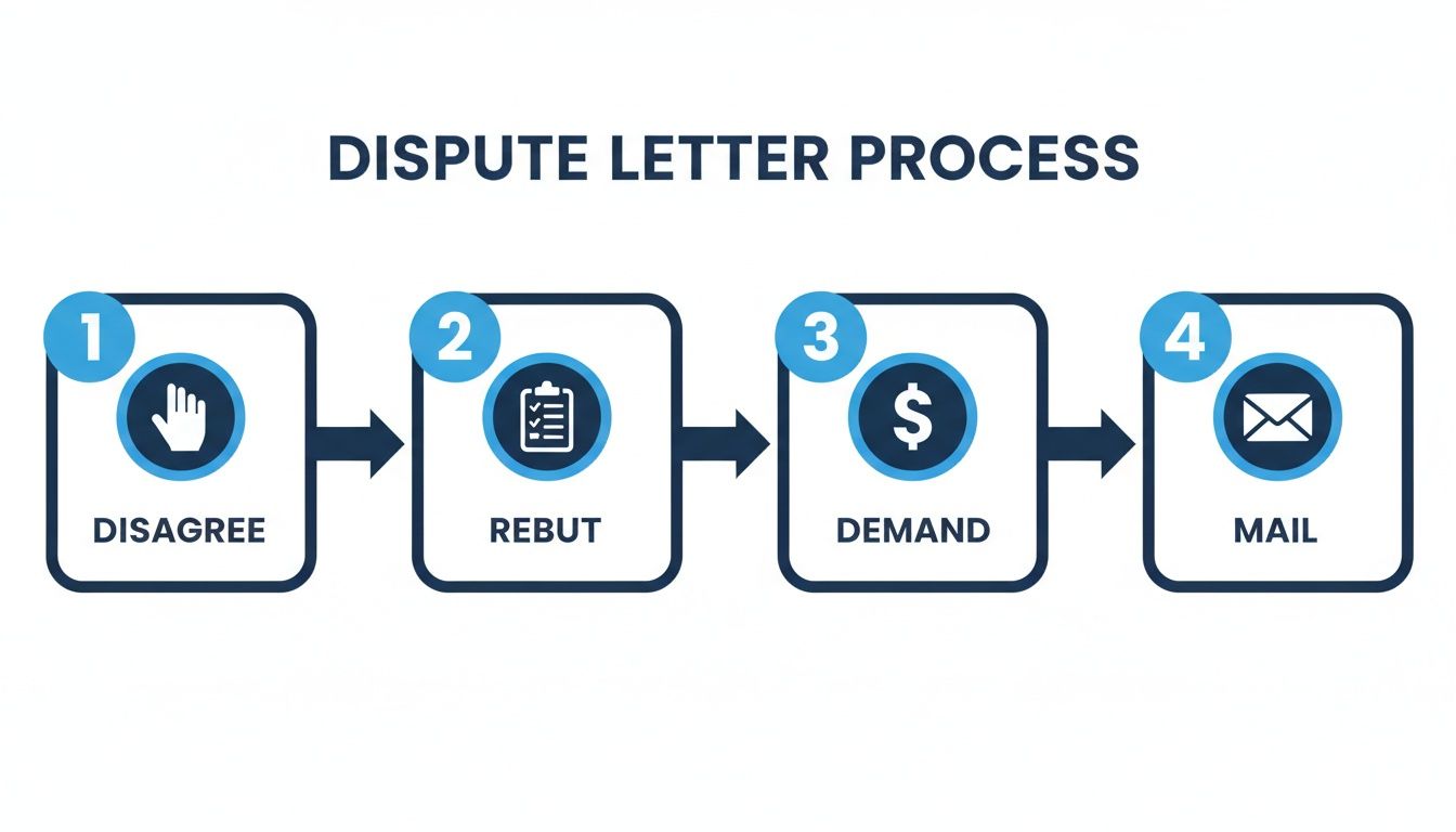 A four-step process flowchart for a dispute letter: disagree, rebut, demand, and mail.