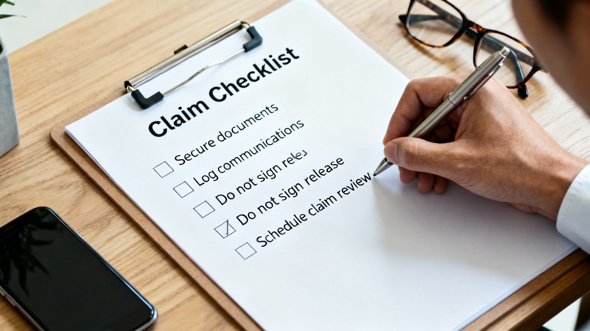 Close-up of a person's hand checking a 'Claim Checklist' item on a wooden desk.