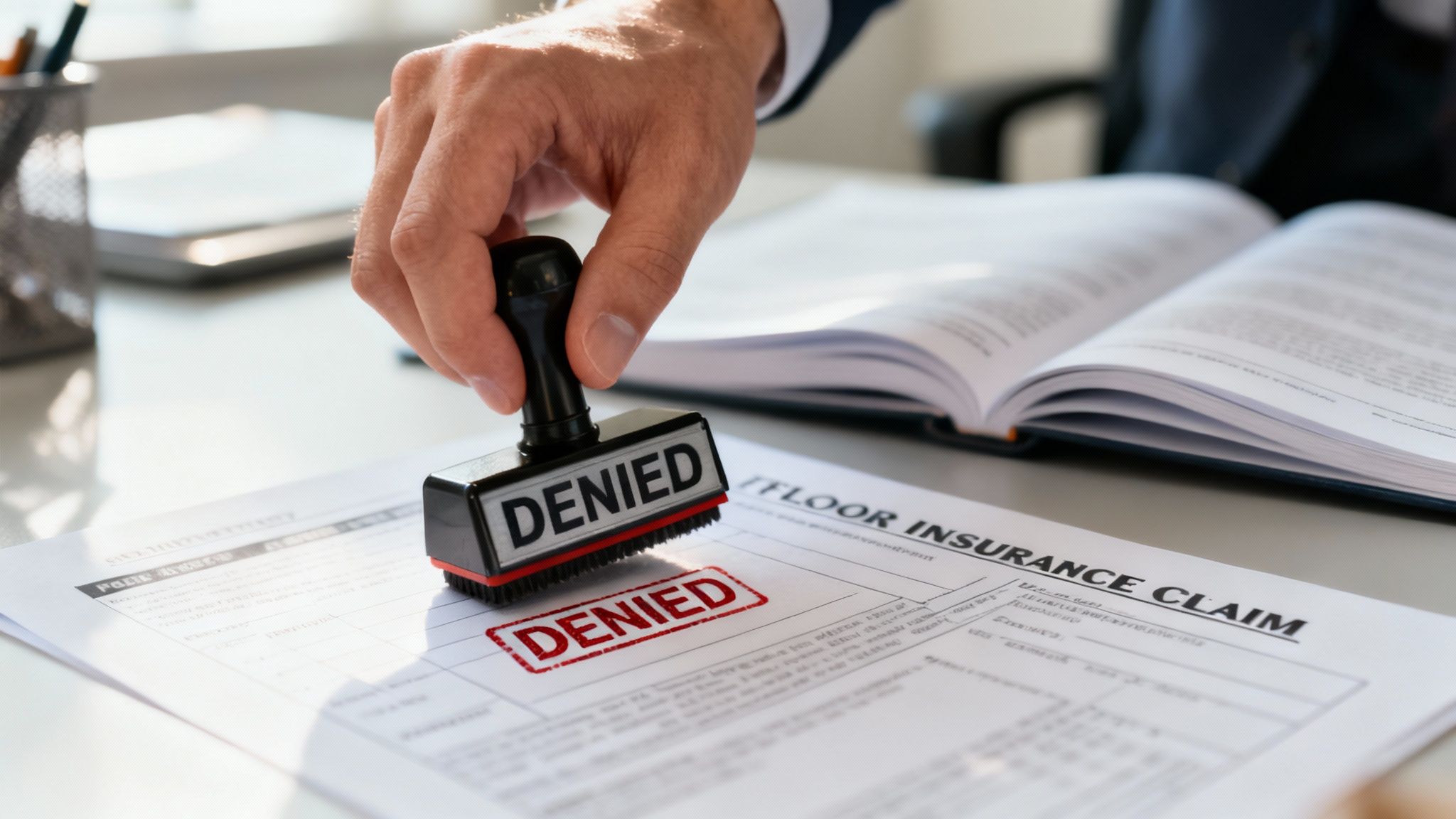 A hand stamps a red 'DENIED' mark on a 'FLOOR INSURANCE CLAIM' document, showing rejection.