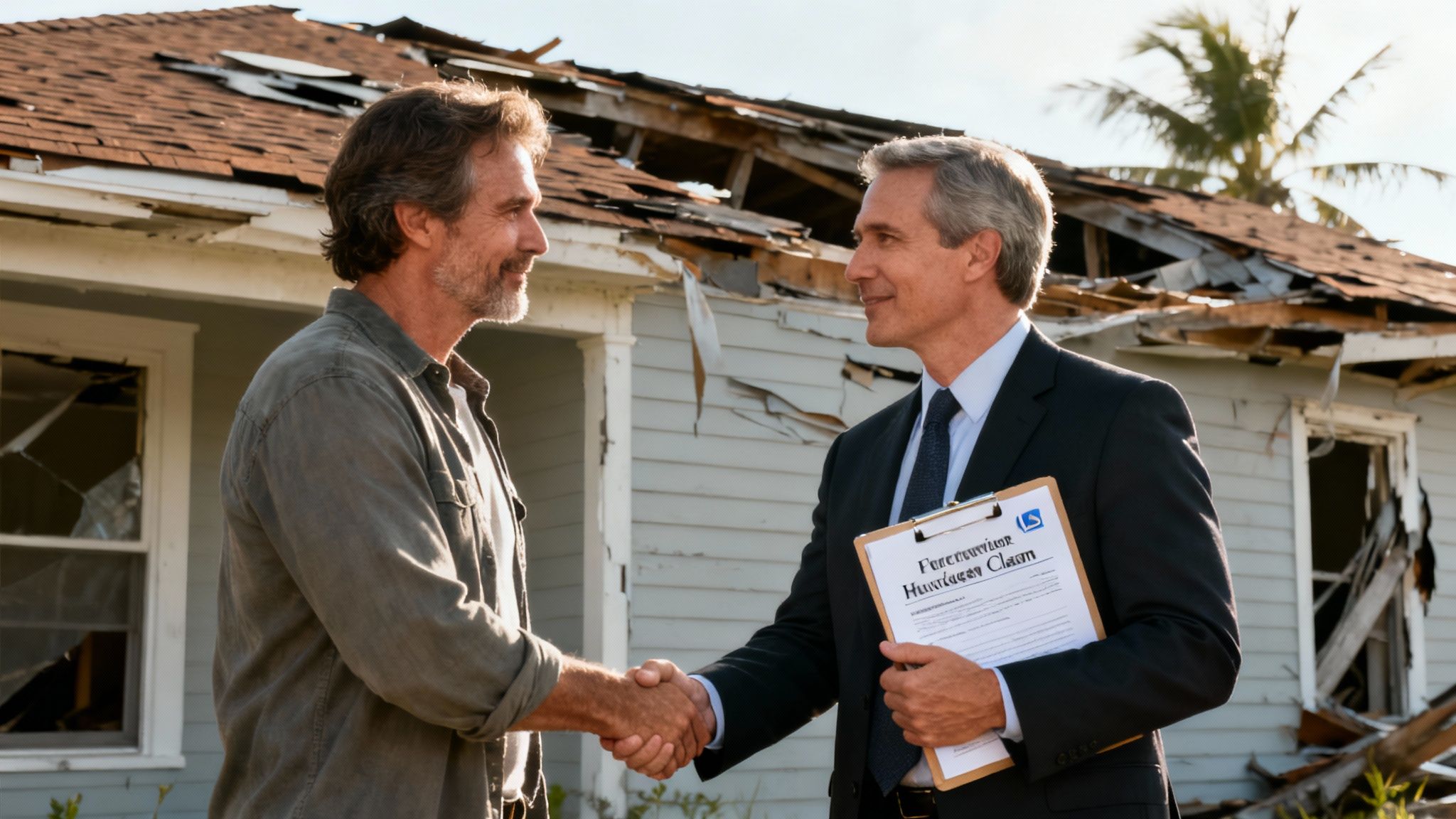 An attorney shakes hands with a homeowner outside a house damaged by a hurricane, discussing a claim.