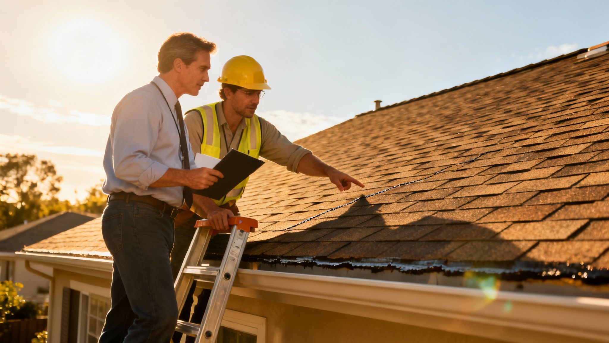 An insurance adjuster and a roofer inspecting a wind-damaged roof together, pointing out details and discussing the scope of repairs.