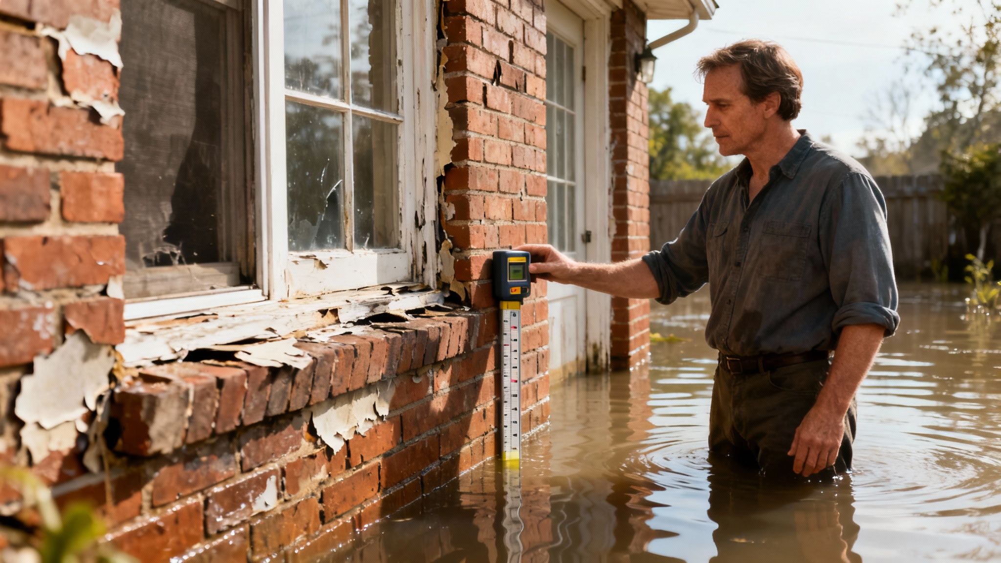 A homeowner looking distressed while on the phone, with a damaged roof visible in the background.