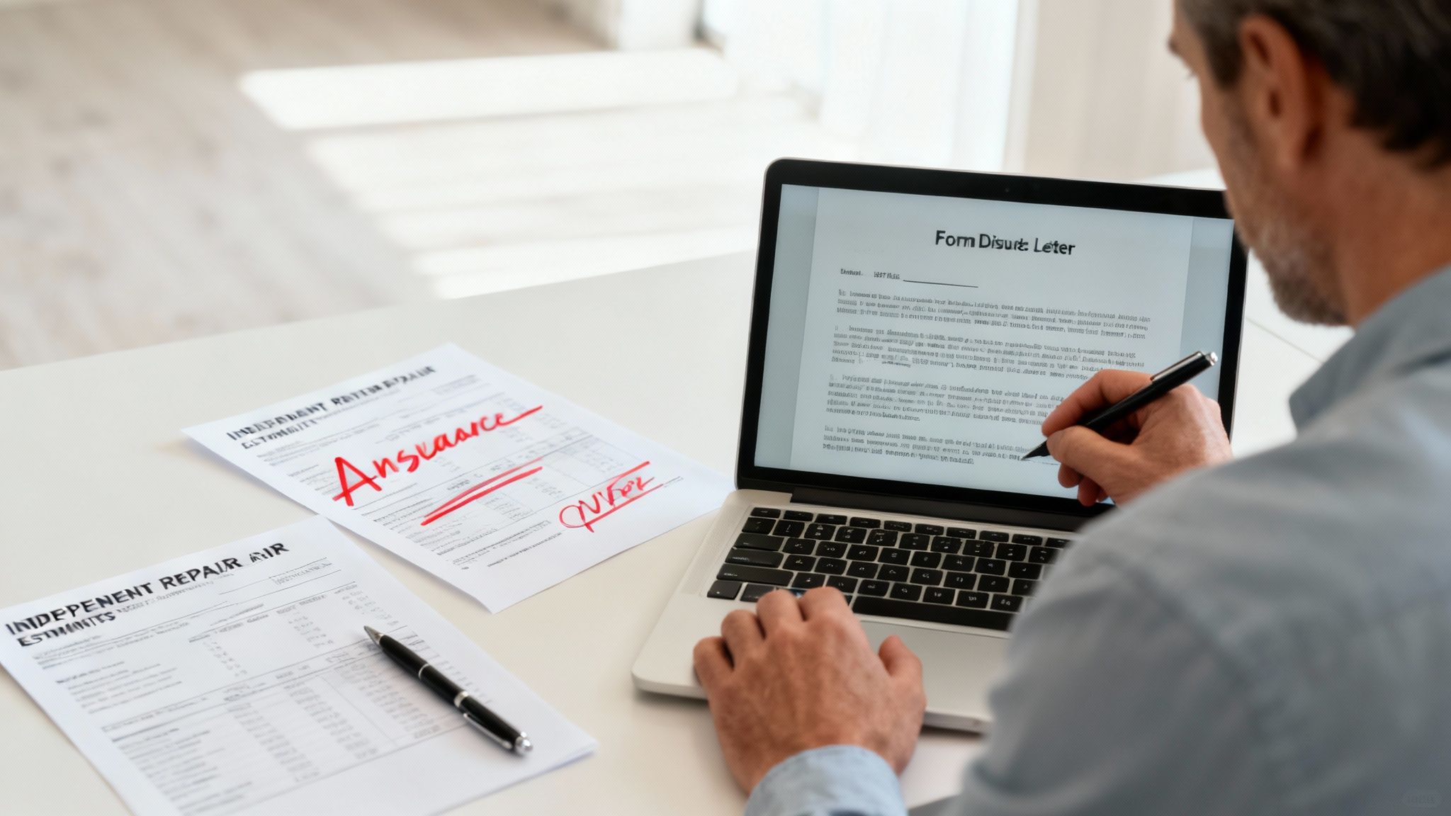 A desk with paperwork and a calculator, representing the need to get help insurance claim.