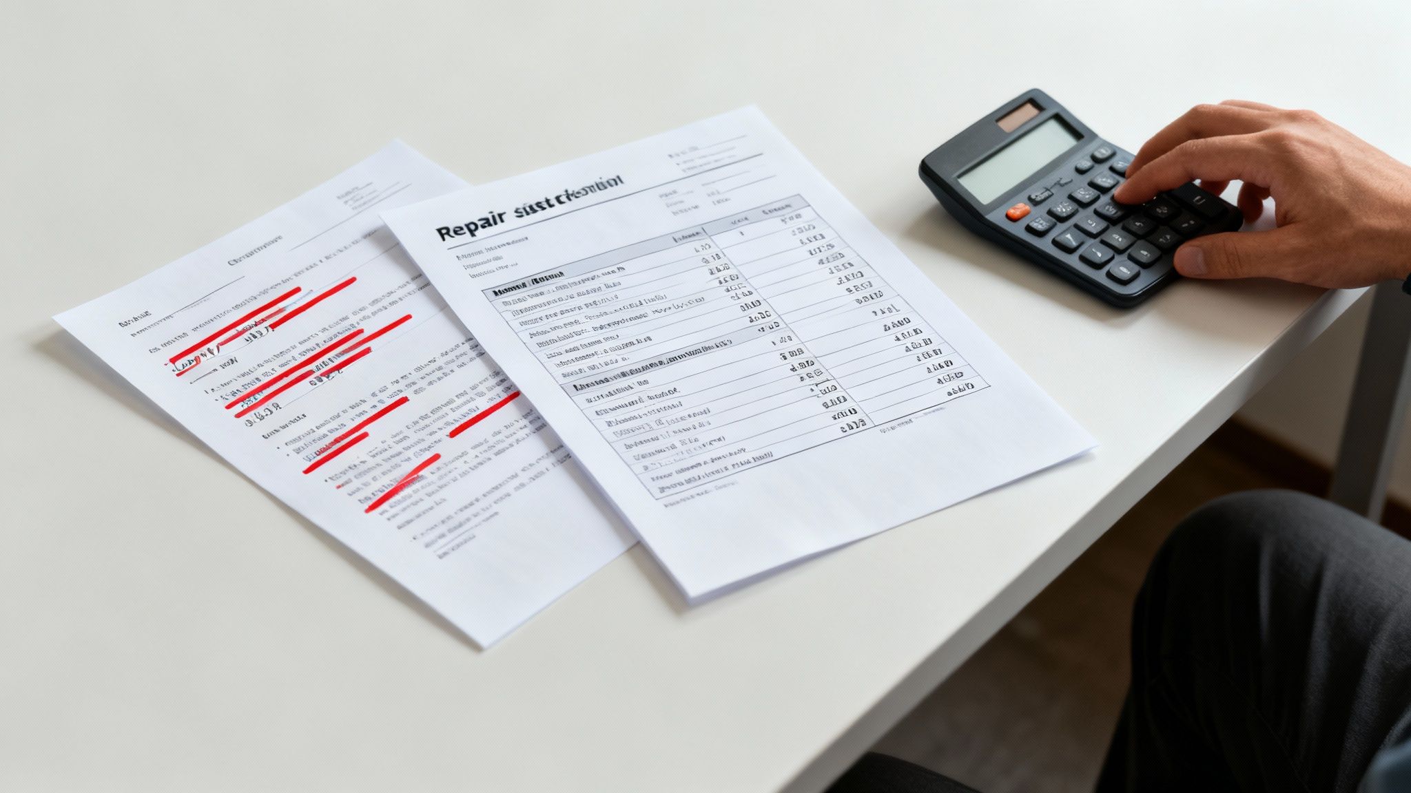 A person reviewing a claim for flood damage document with a calculator.