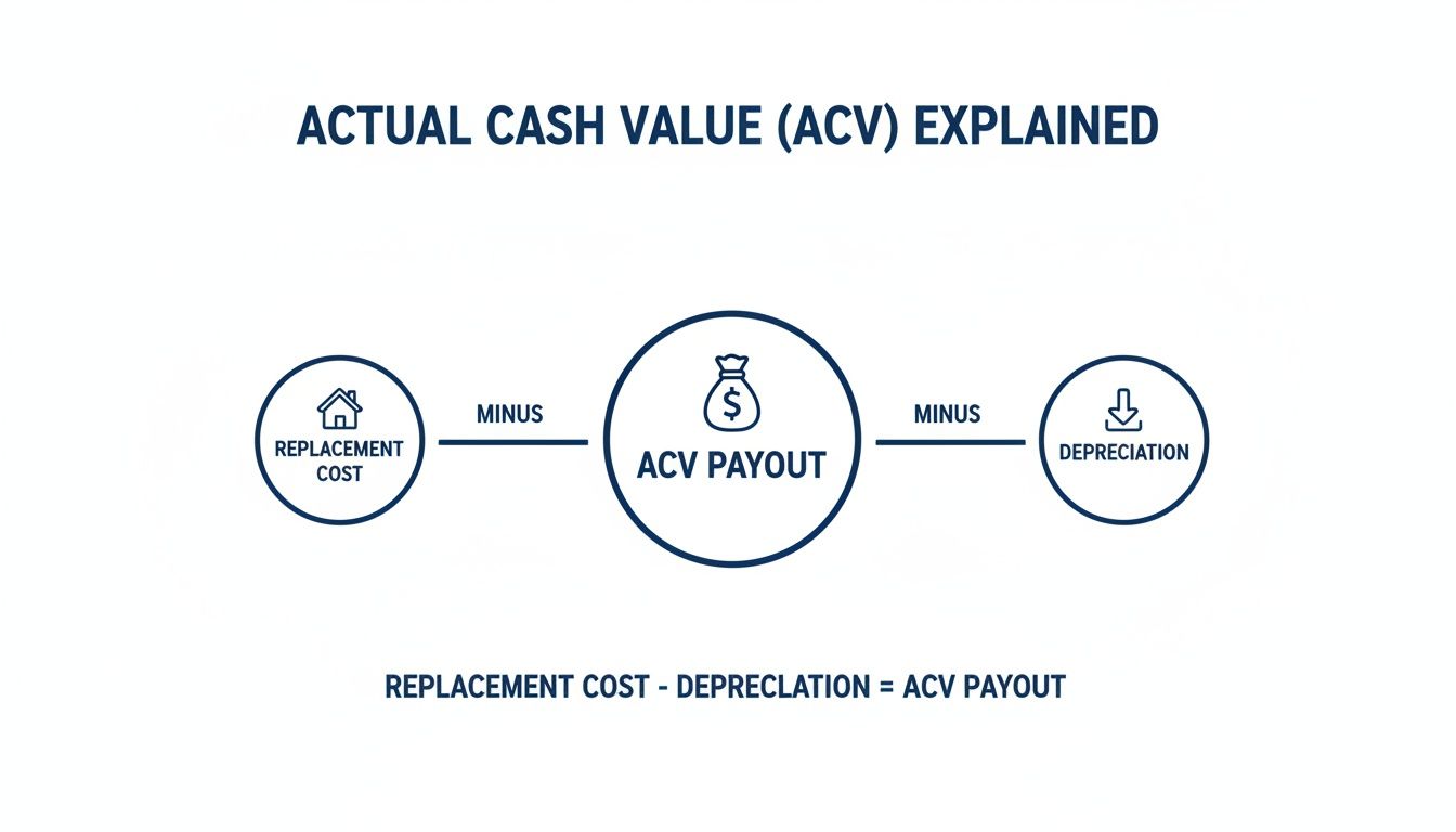 A diagram explaining Actual Cash Value (ACV) calculation as Replacement Cost minus Depreciation equals ACV Payout.