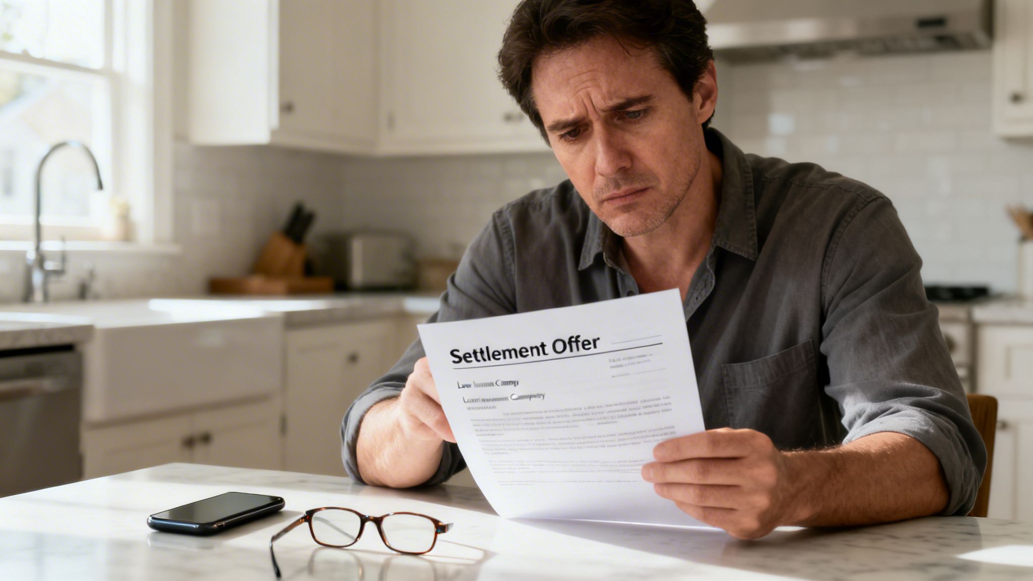 A concerned man reads a 'Settlement Offer' document at a kitchen table.