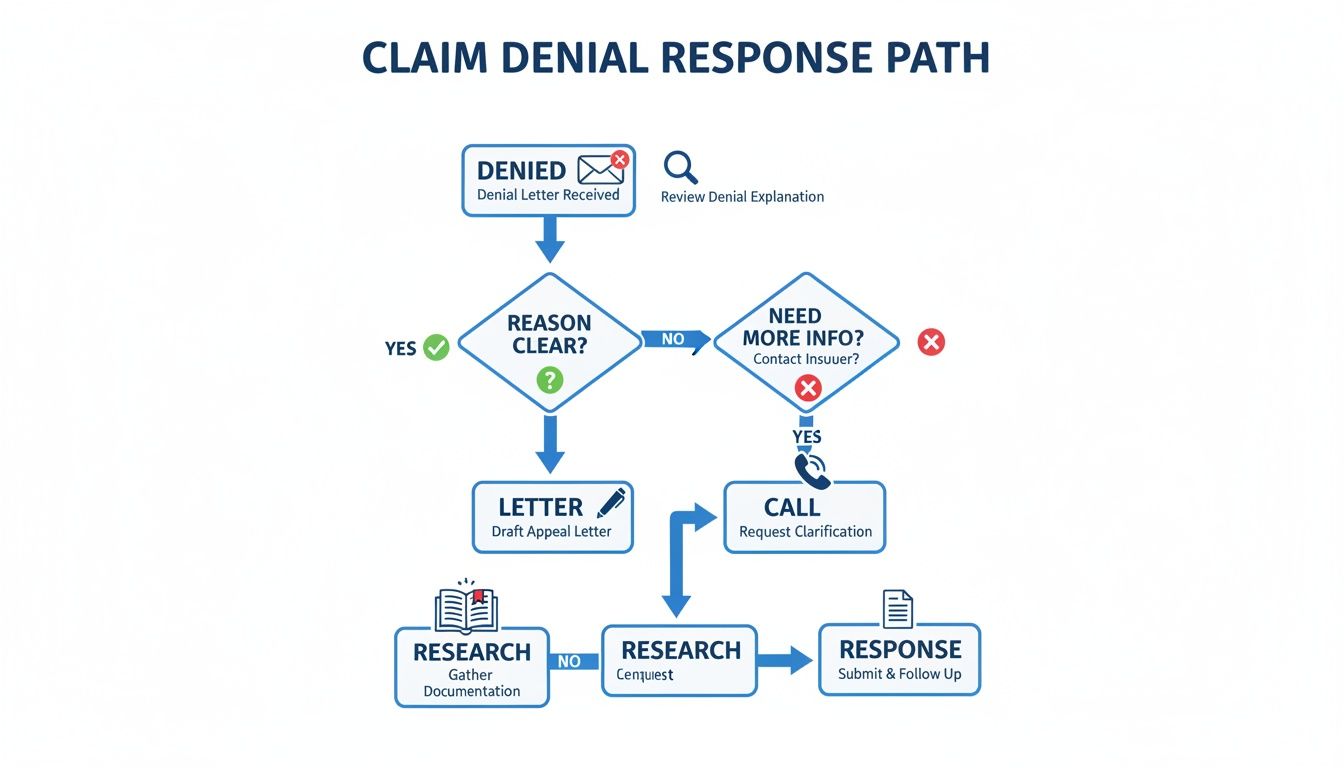 Flowchart detailing the steps for responding to an insurance claim denial, including appeal.