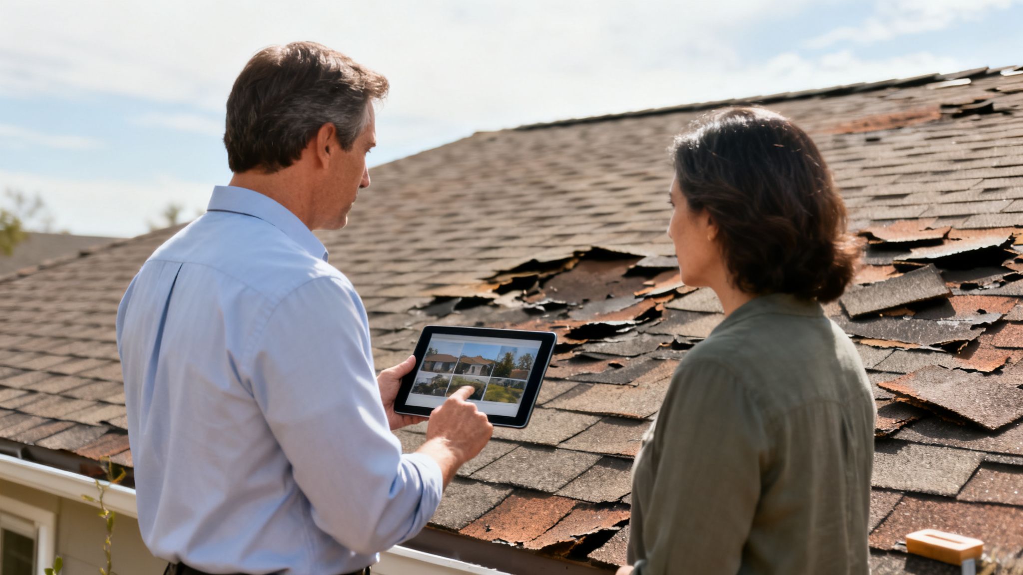 Roof inspector shows a homeowner images on a tablet while discussing severe roof damage.