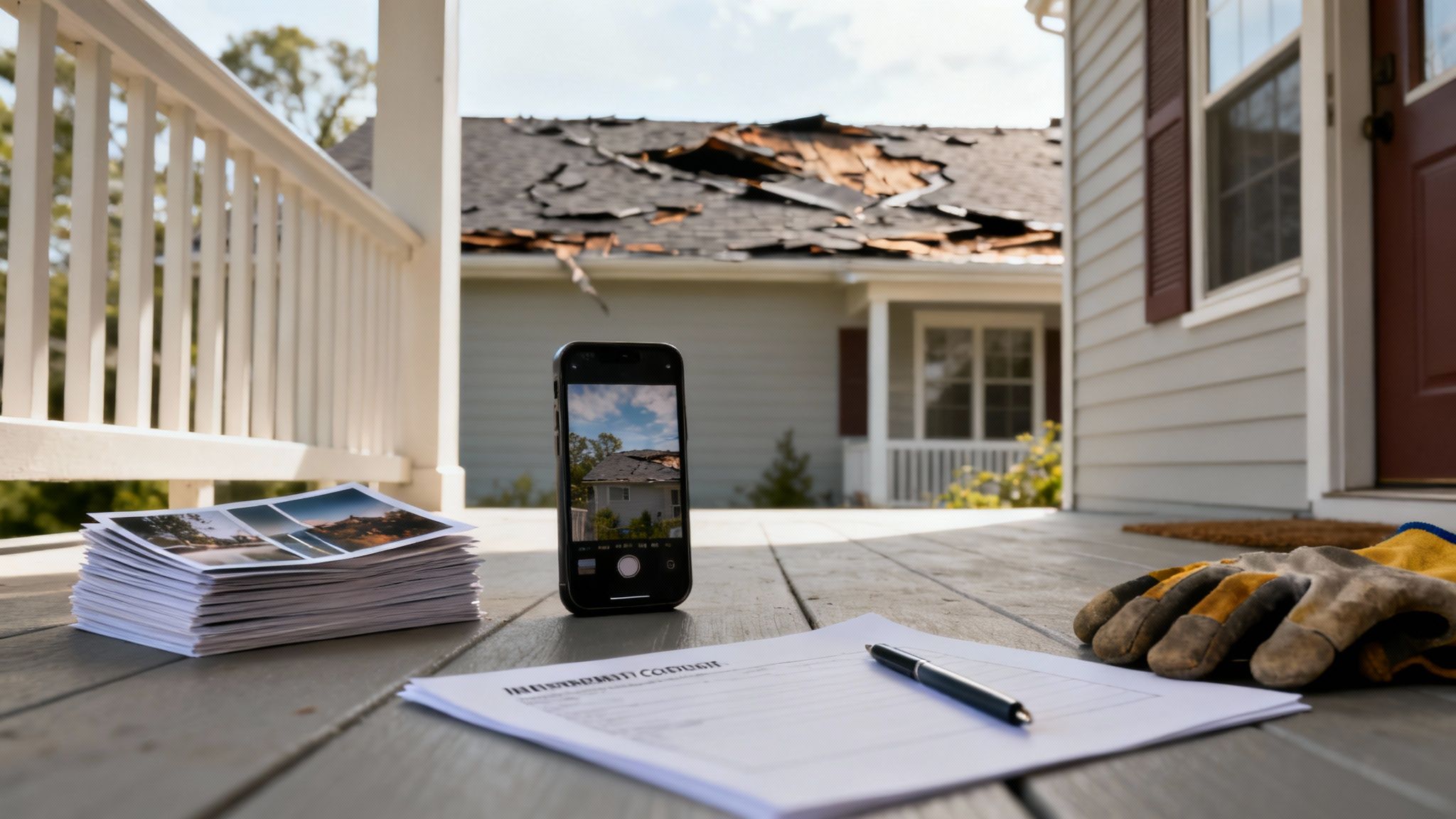 A collection of evidence for an insurance claim, including photos, documents, and contractor estimates, being organized on a desk. The alt tag reads: 'how to appeal insurance claim denial with compelling evidence.'