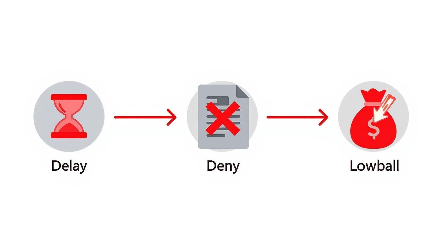 Three-step negotiation process showing delay tactics, claim denial, and lowball settlement offer illustrated with icons