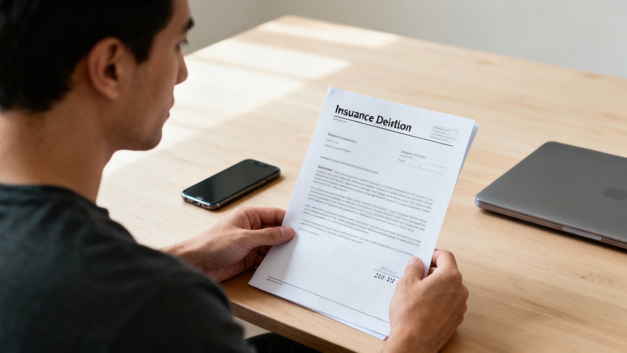A person looking stressed while reviewing official documents and a laptop, representing the initial shock of an insurance claim denial. How to Appeal a Denied Insurance Claim?