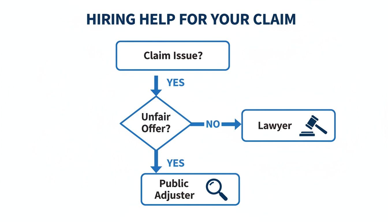 Flowchart illustrating the decision process for hiring a lawyer or public adjuster for an insurance claim.