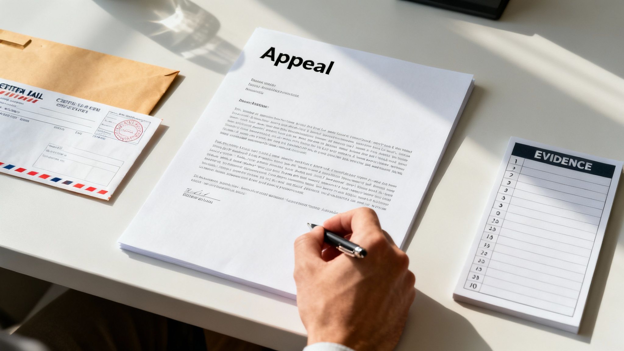 A professional writing a letter with supporting documents nearby. The alt tag reads: How to appeal insurance claim denial by writing a powerful letter.