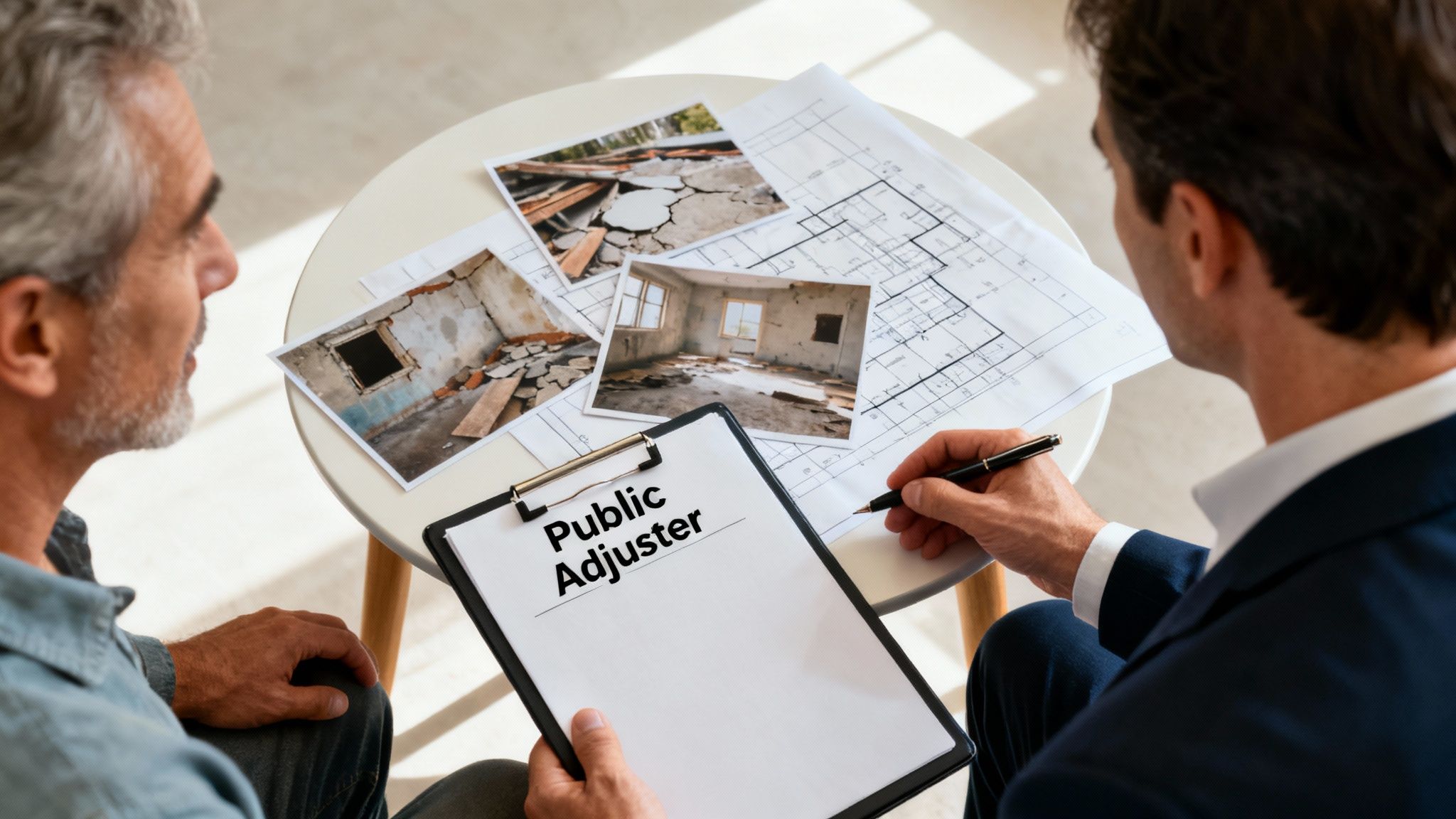 Public adjuster reviewing photos with a homeowner for a water damage claim insurance case